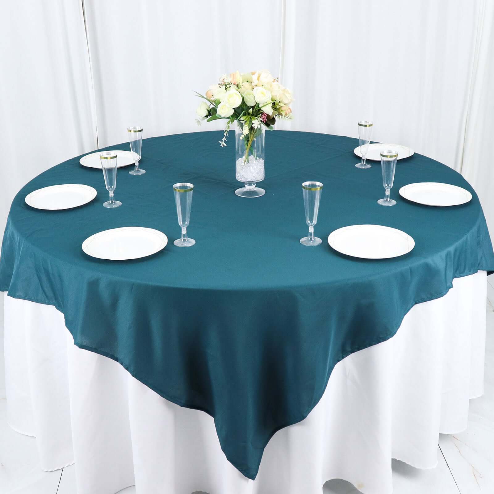 Wrinkle-Resistant & Durable 70x70 Polyester Square Table Overlay in Peacock Teal