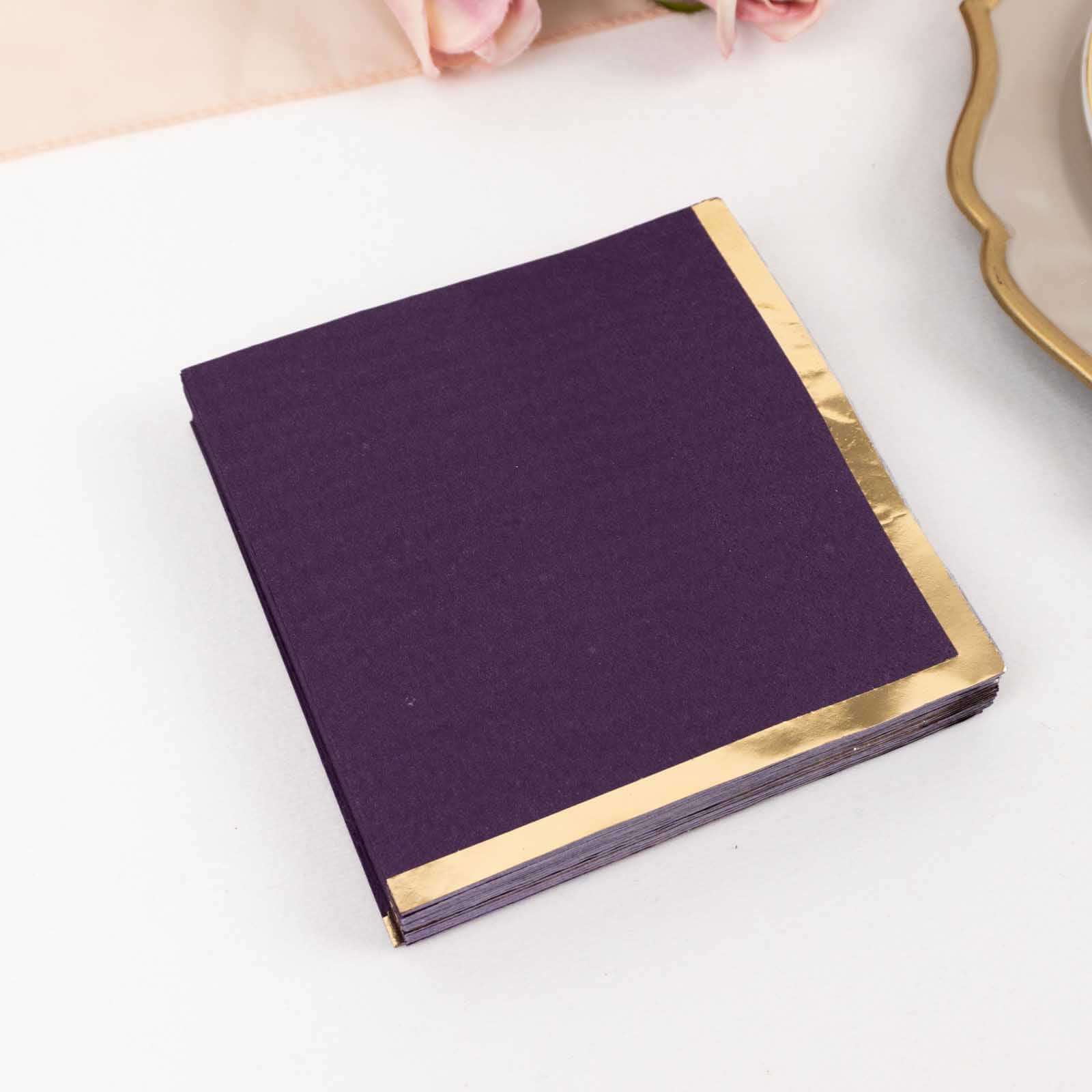 50-Piece 2-Ply Disposable Soft 18GSM Purple Cocktail Napkins with Gold Foil Edge, 5x5