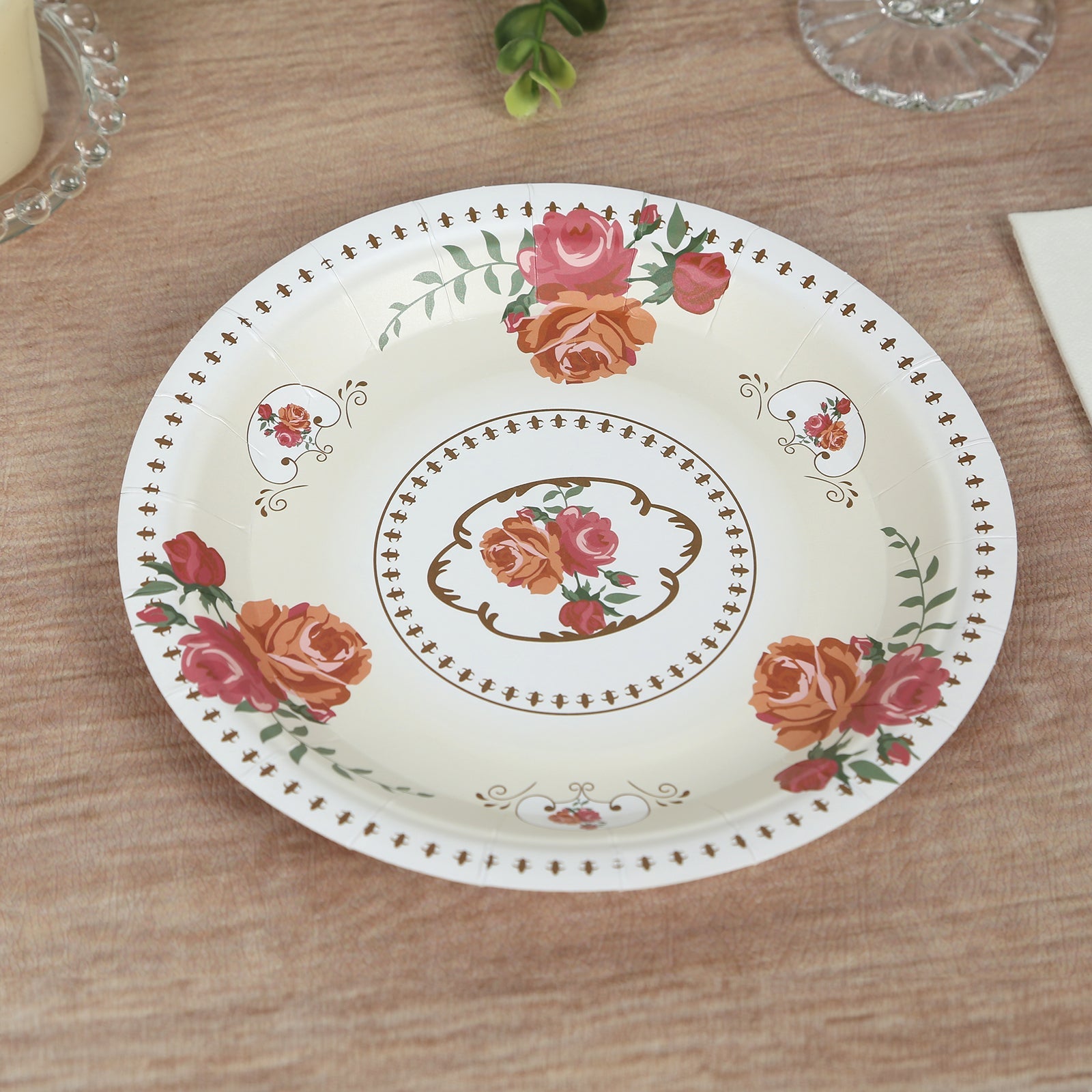 25-Piece Set of Disposable Ivory Paper Round Dessert Plates with Vintage Rose Prints - Ideal for Bridal Showers & Garden Luncheons