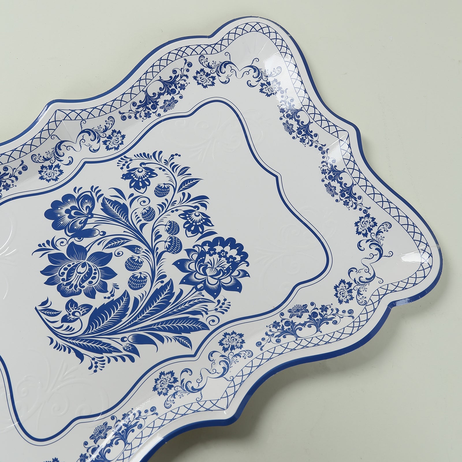 10-Pack Heavy Duty Disposable 400GSM Cardboard Serving Trays with White & Royal Blue Damask Floral Pattern for Weddings & Parties