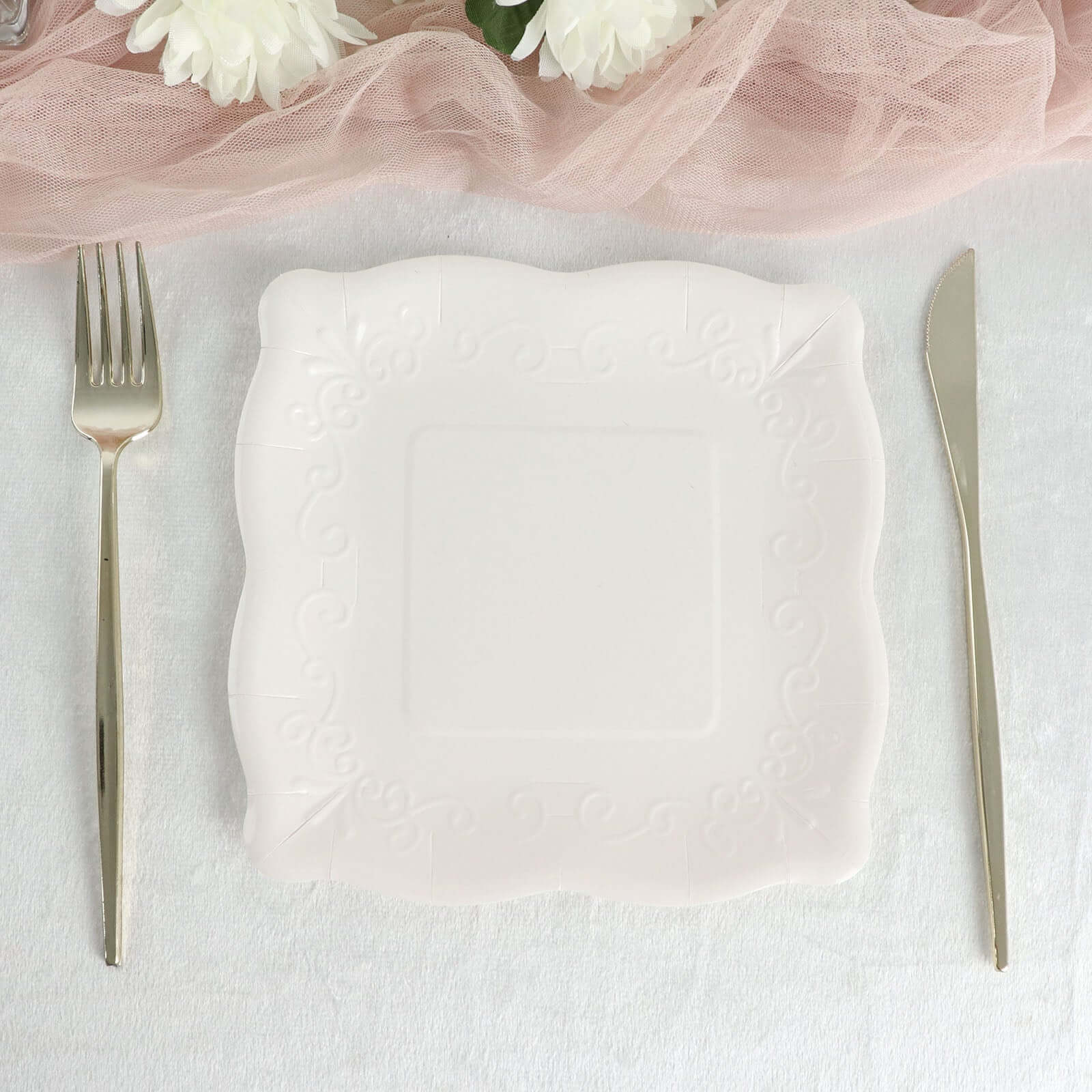 25-Pack White 7-Inch Square Disposable Dessert Plates with Vintage Pottery Embossed Design - Ideal for Special Events