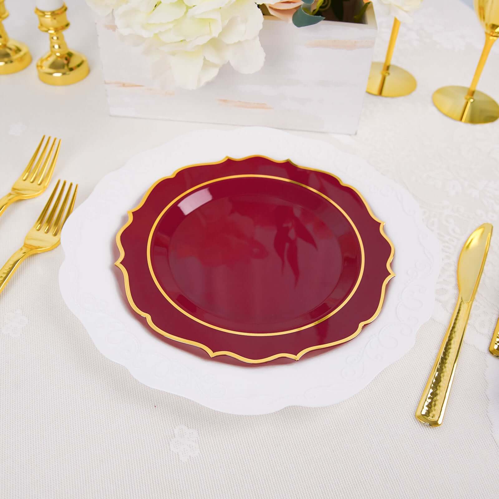 10-Piece Set of Disposable Burgundy Plastic Round Desert Plates with Gold Scalloped Rim, 8-Inch