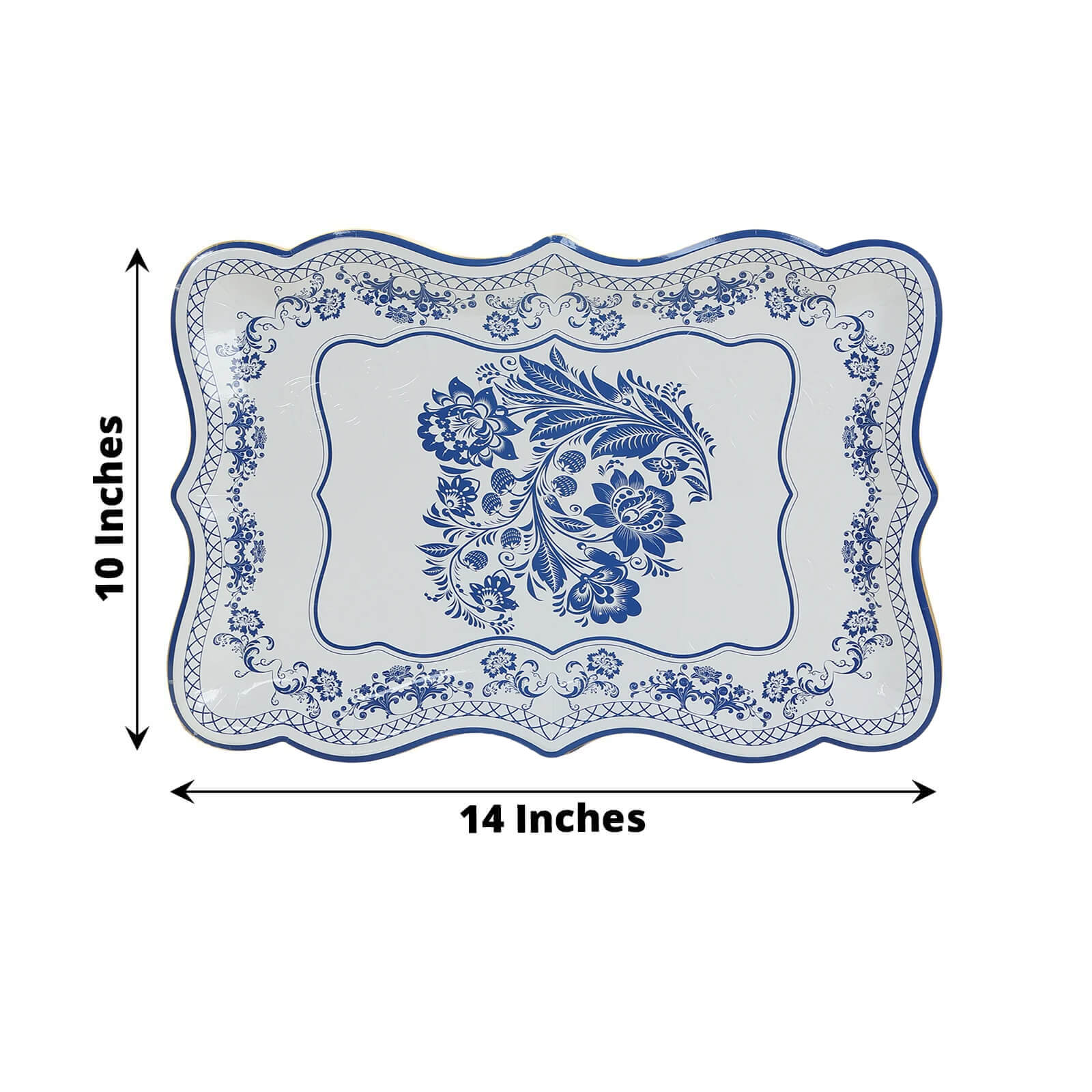10-Pack Heavy Duty Disposable 400GSM Cardboard Serving Trays with White & Royal Blue Damask Floral Pattern for Weddings & Parties