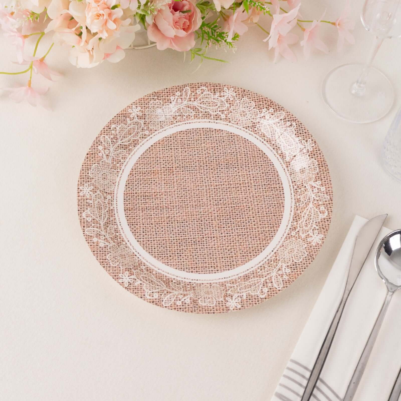 25-Pack 9-Inch Round Disposable Paper Dinner Plates with Natural Burlap & White Floral Lace Design