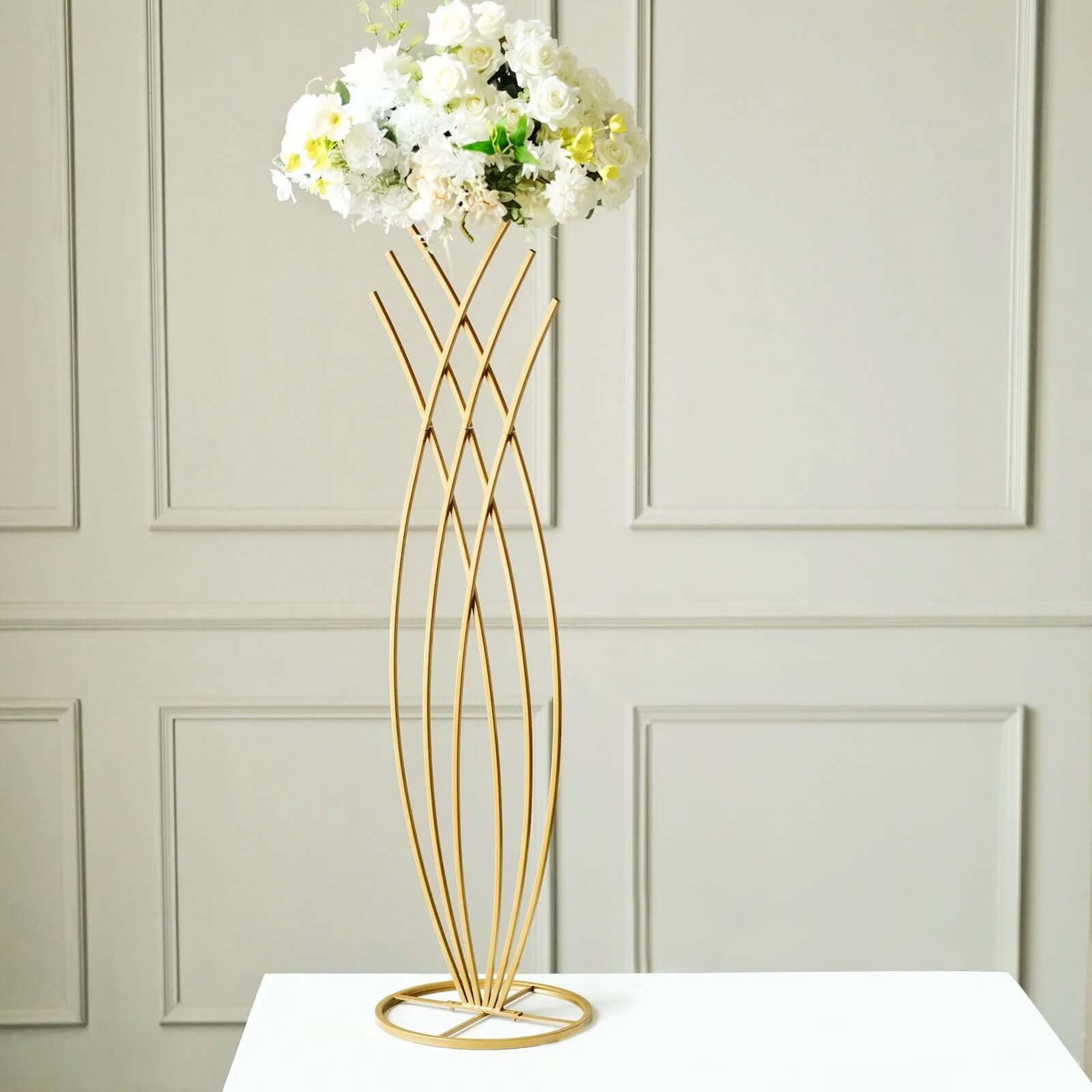 4ft Tall Gold Metal Wired Floral Display Stand in Mermaid Tail Style for Weddings