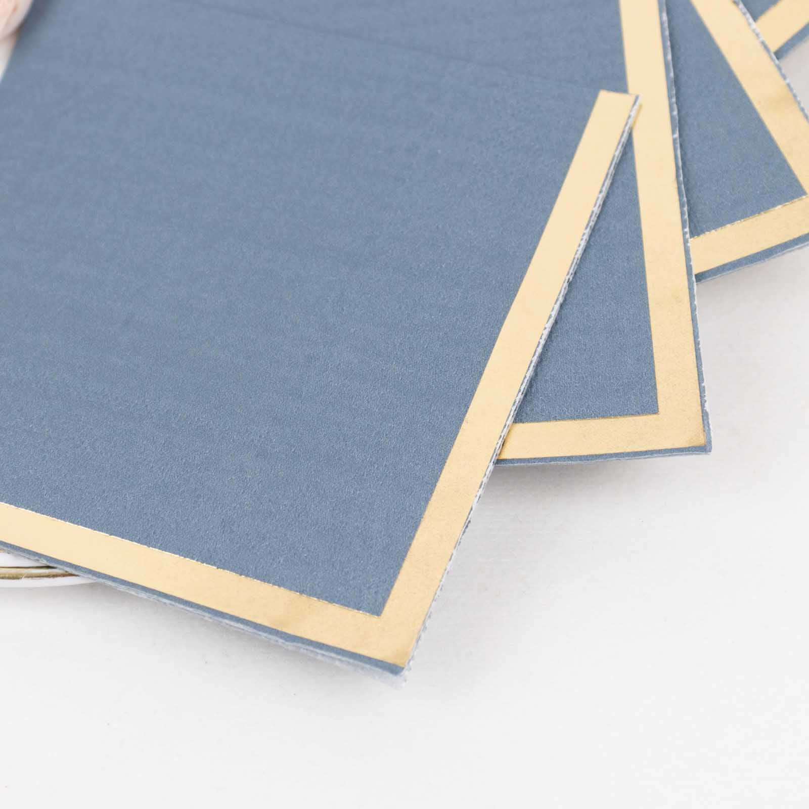 Hot! 50-Pack 2-Ply Disposable 18GSM Dusty Blue Cocktail Napkins with Gold Foil Edge 5x5