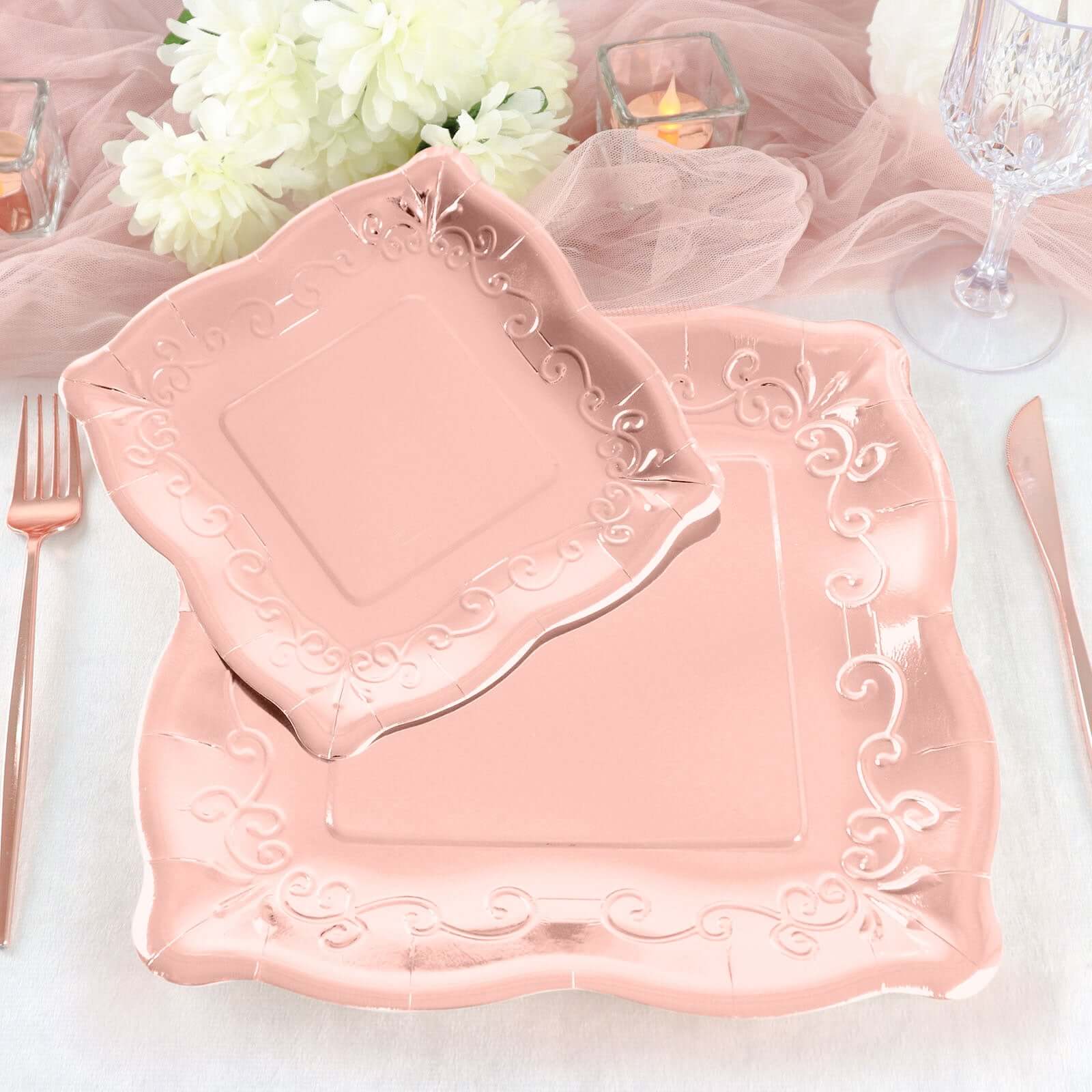 Hot Sale! 25-Pack Disposable Rose Gold Square Dessert Appetizer Paper Plates with Vintage Pottery Embossed Design
