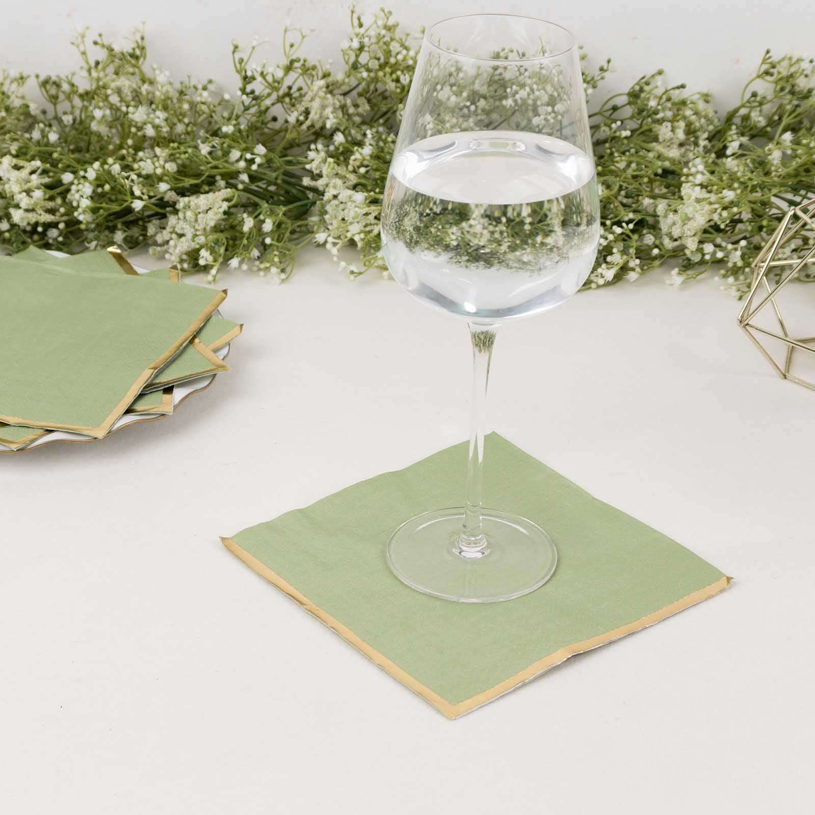 50-Pack Disposable 2-Ply Sage Green Paper Beverage Napkins with Gold Foil Edge - Ideal for Events