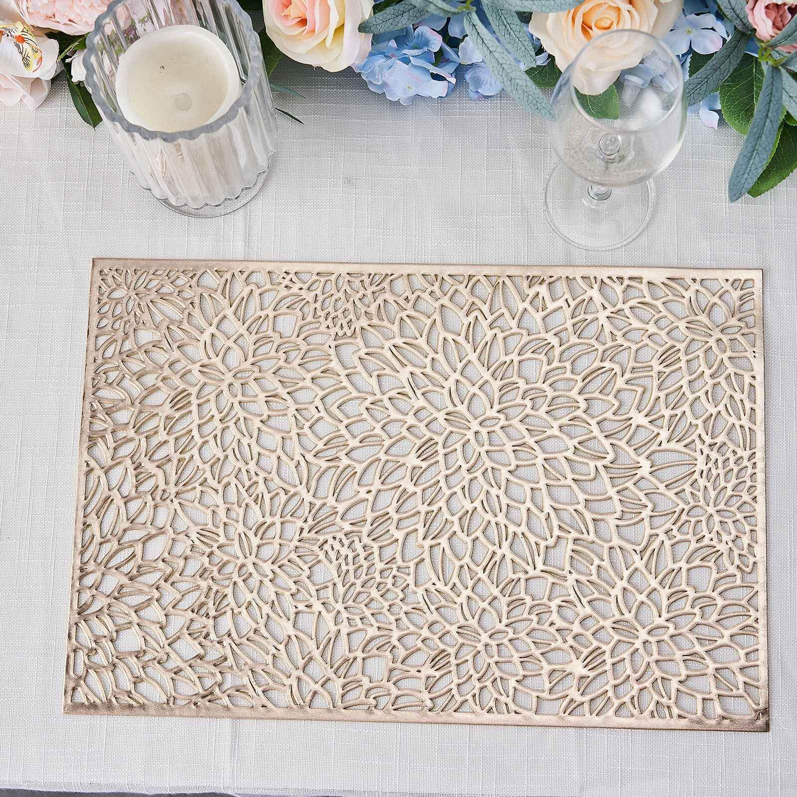 6-Pack Gold Metallic Floral Vinyl Placemats - Non-Slip 12x18 Rectangle Table Mats