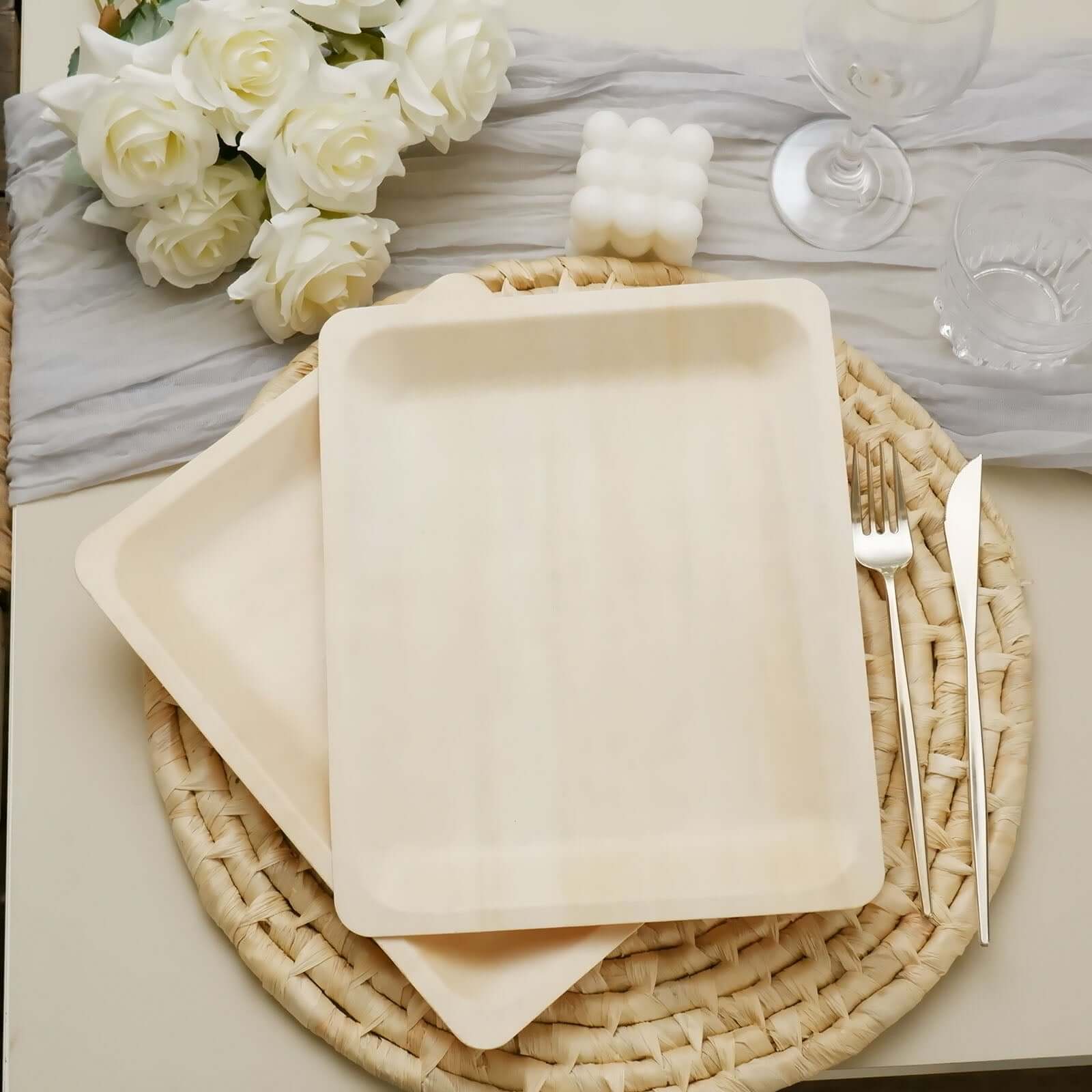12-Pack Natural Birchwood 8x10 Rectangle Disposable Dinner Plates - Ideal for Farmhouse Events