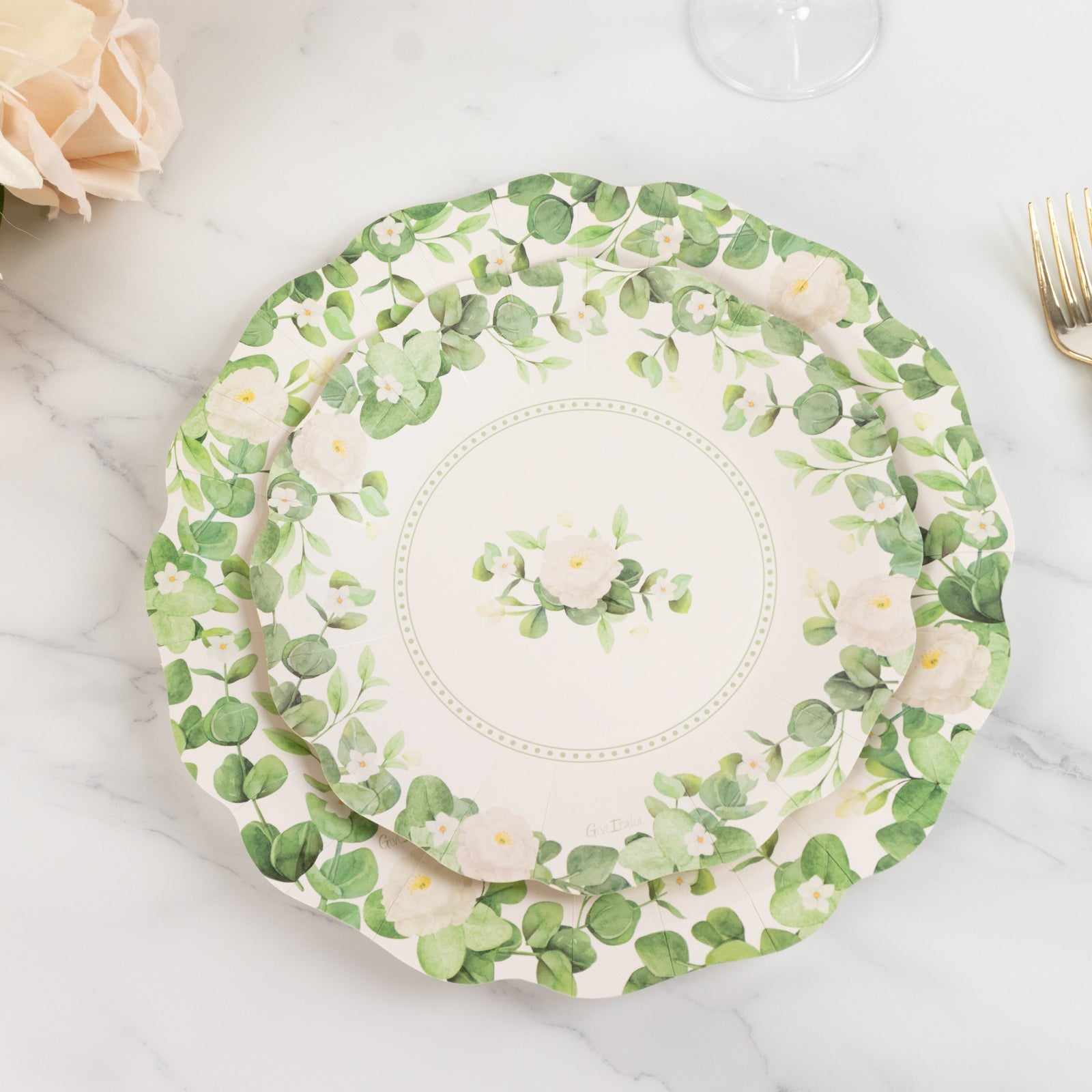 25-Pack 8-Inch White Paper Dessert Plates with Floral Greenery & Scalloped Edges - Ideal for Rustic Weddings and Garden Brunches