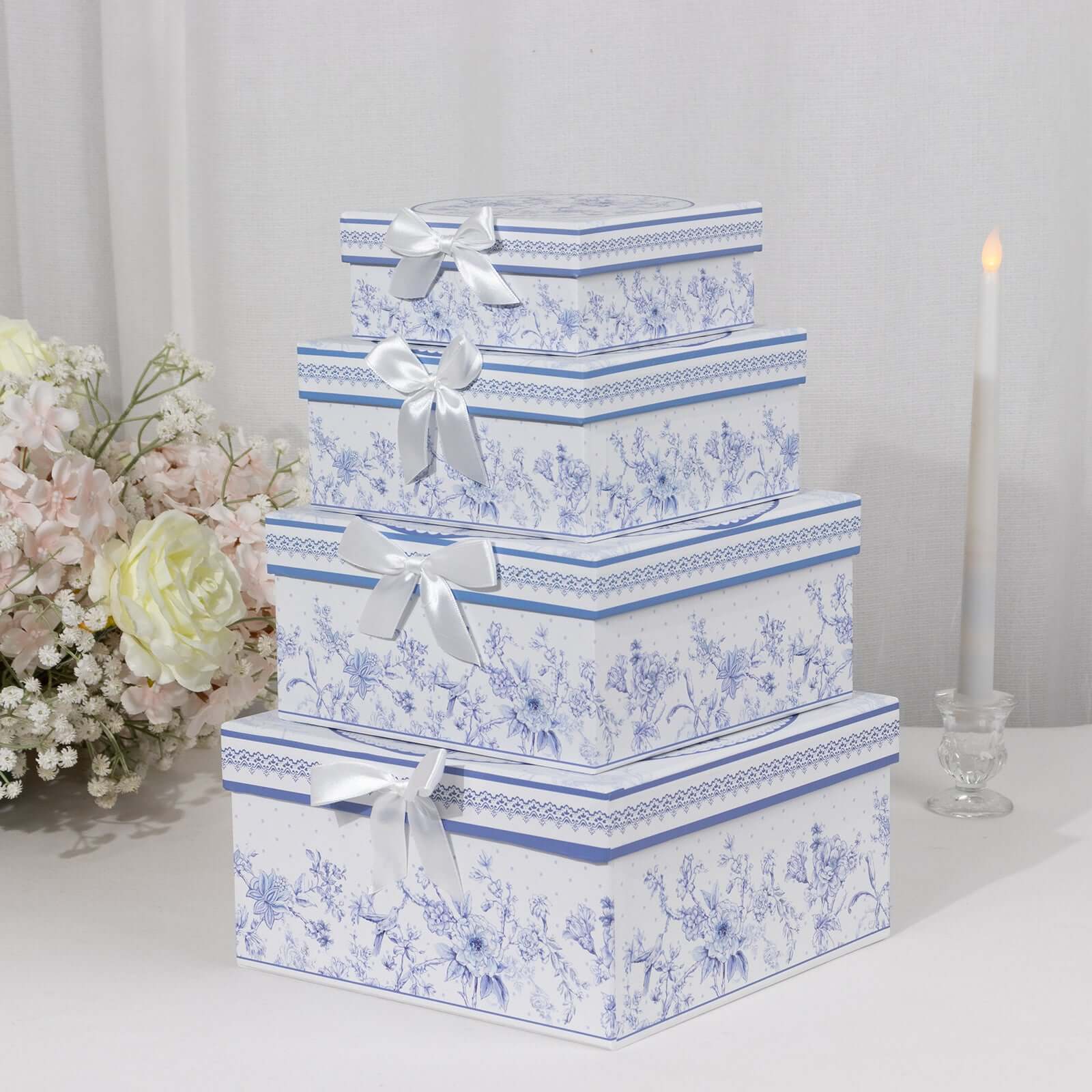 Hot! Set of 4 White & Blue French Toile Cardstock Nesting Gift Boxes - Stackable & Reusable
