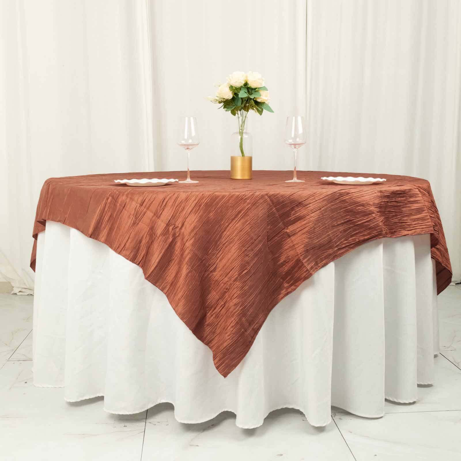 72x72 Square Terracotta (Rust) Accordion Crinkle Taffeta Table Overlay