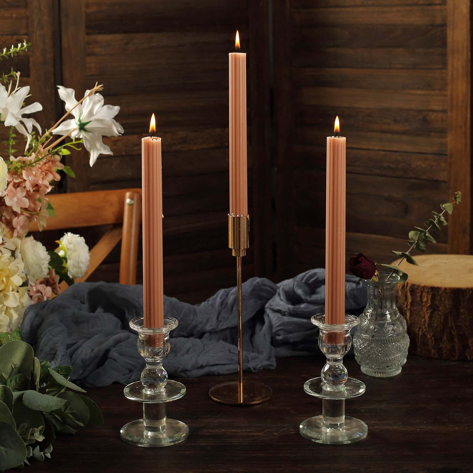 Premium Beige 5-Pack Unscented Ribbed Taper Dinner Candles, 9 Inches