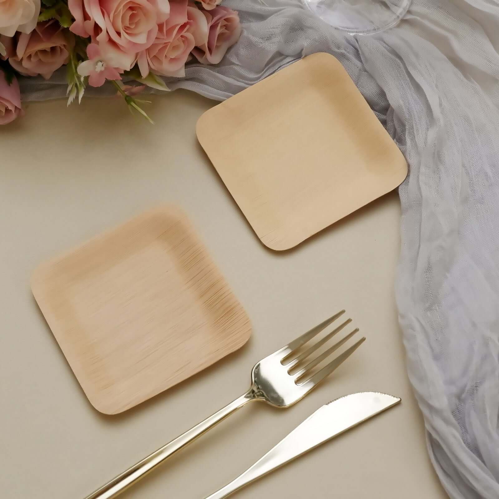 25-Piece Set of 3.5-Inch Natural Bamboo Square Disposable Dessert Plates for Farmhouse Events