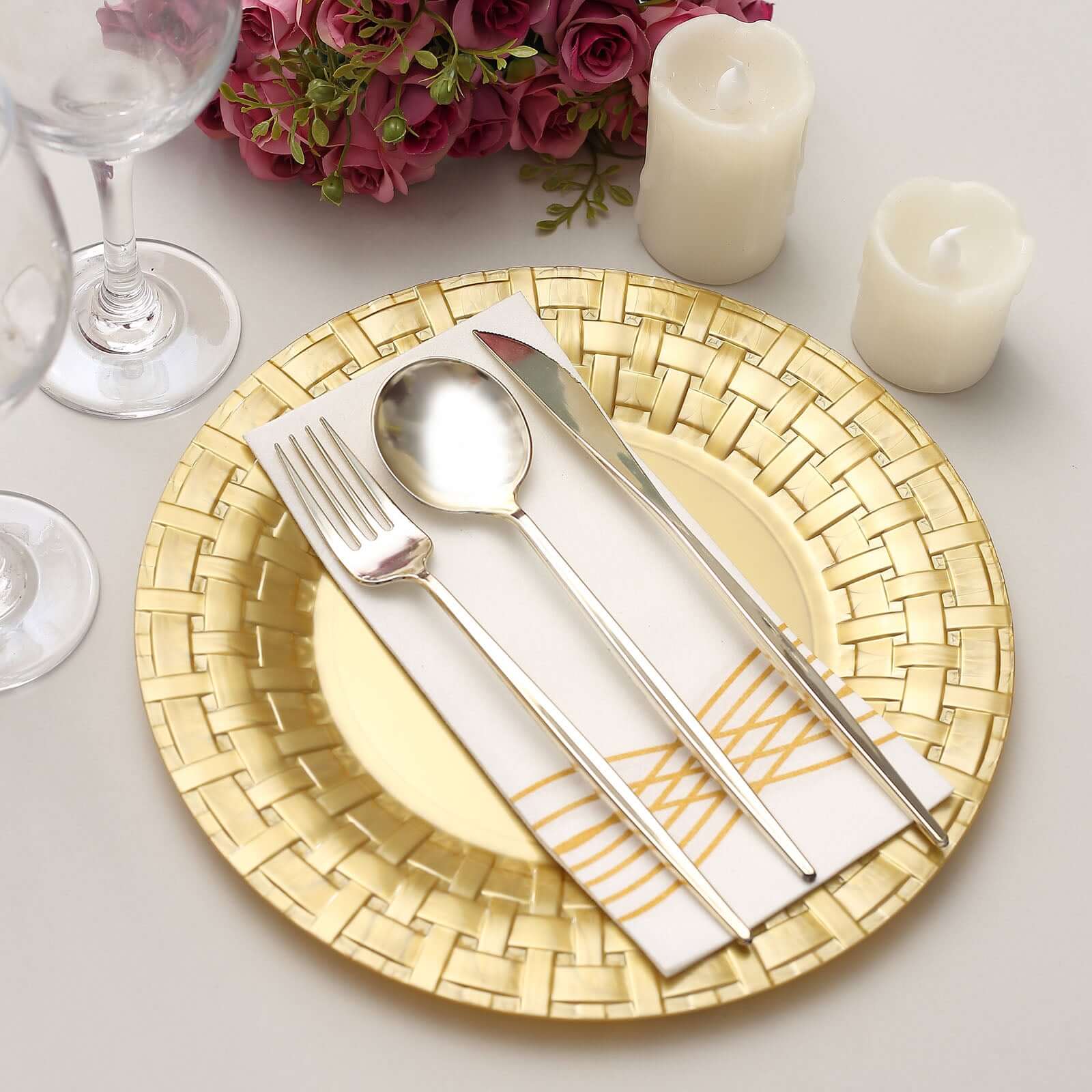 Hot Deal! 10-Pack Gold Basketweave Rim Disposable Plastic Dinner Plates (10