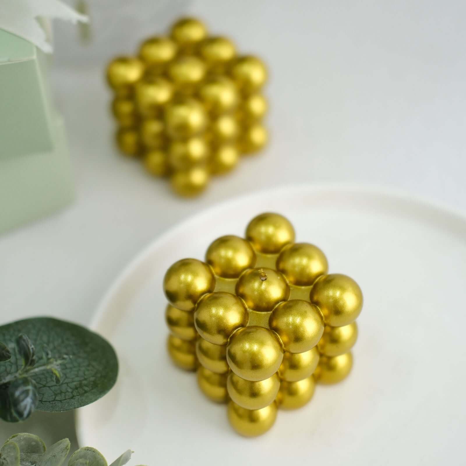2-Pack Long Burning Unscented Metallic Gold Bubble Cube Paraffin Wax Pillar Candles