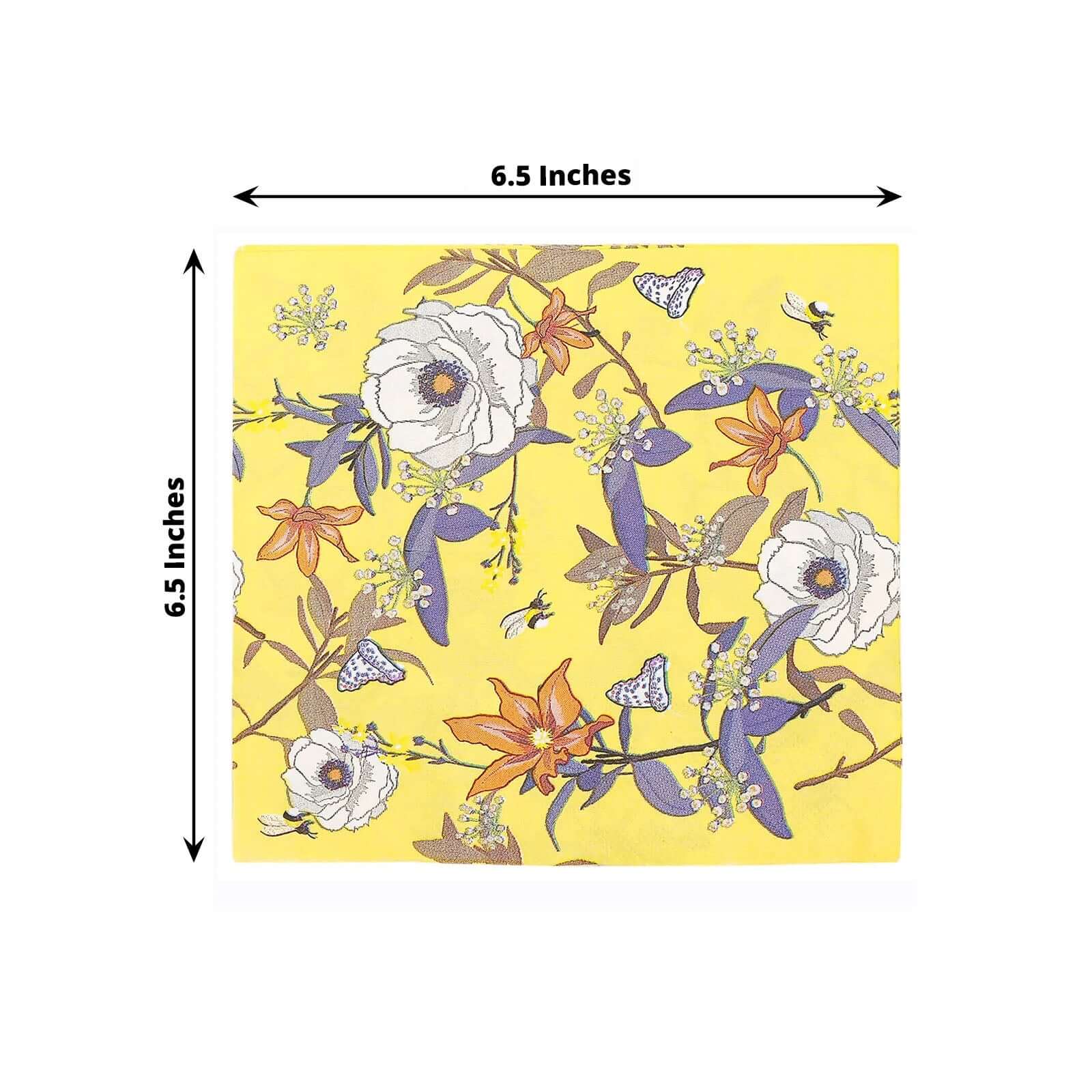 20-Pack Yellow Floral 2-Ply Soft 18GSM Paper Beverage Napkins for Weddings and Parties