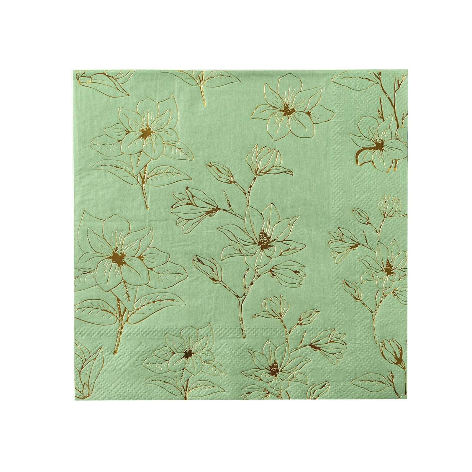 50-Pack Premium 2-Ply Absorbent Soft Paper Cocktail Napkins with Gold Magnolia Print in Sage Green