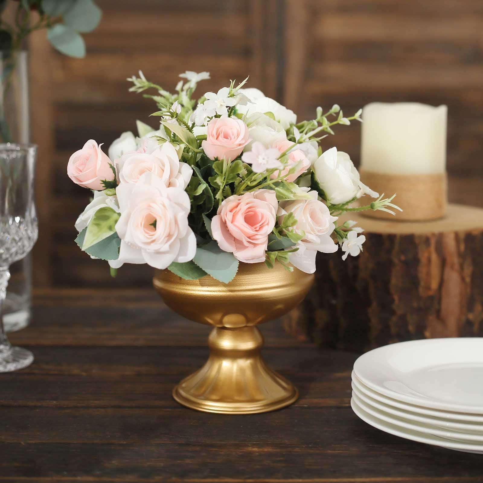 2-Pack Antique Gold Metal Wine Goblet Style Mini Compote Flower Vases for Elegant Wedding Centerpieces