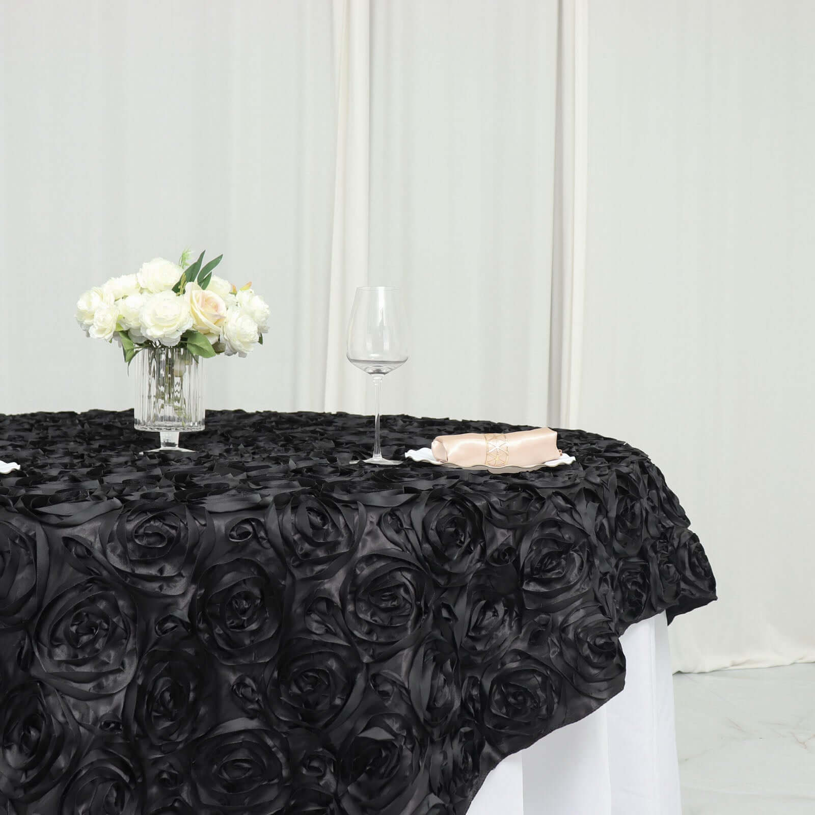 Black 72x72 Satin Square Table Overlay with 3D Rosette Design - Ideal for Stylish Events