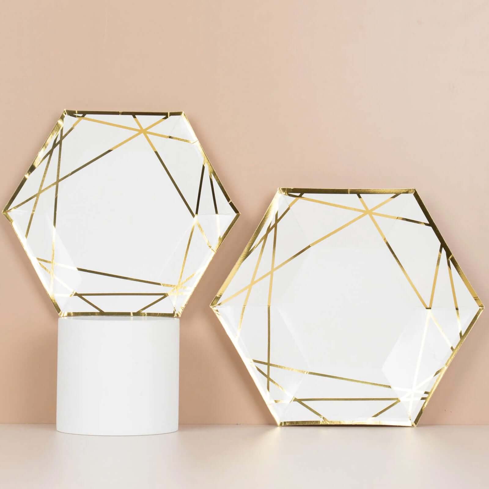 Hot Deal! 25-Pack White & Gold Geometric Hexagon Disposable Paper Dessert Plates for Events