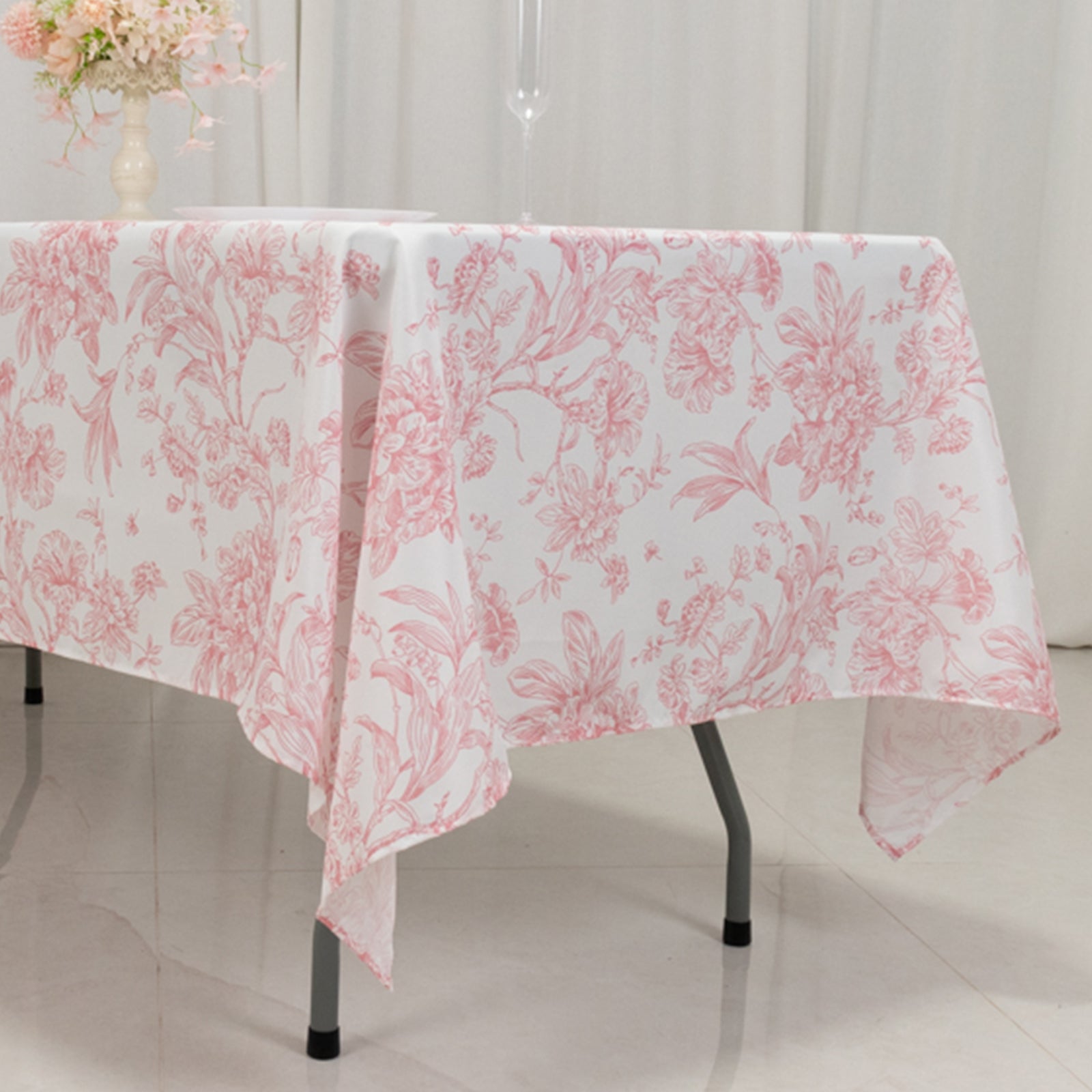 Hot Deal! White and Pink French Toile Pattern Polyester Rectangle Tablecloth for Modern Events (60x102)