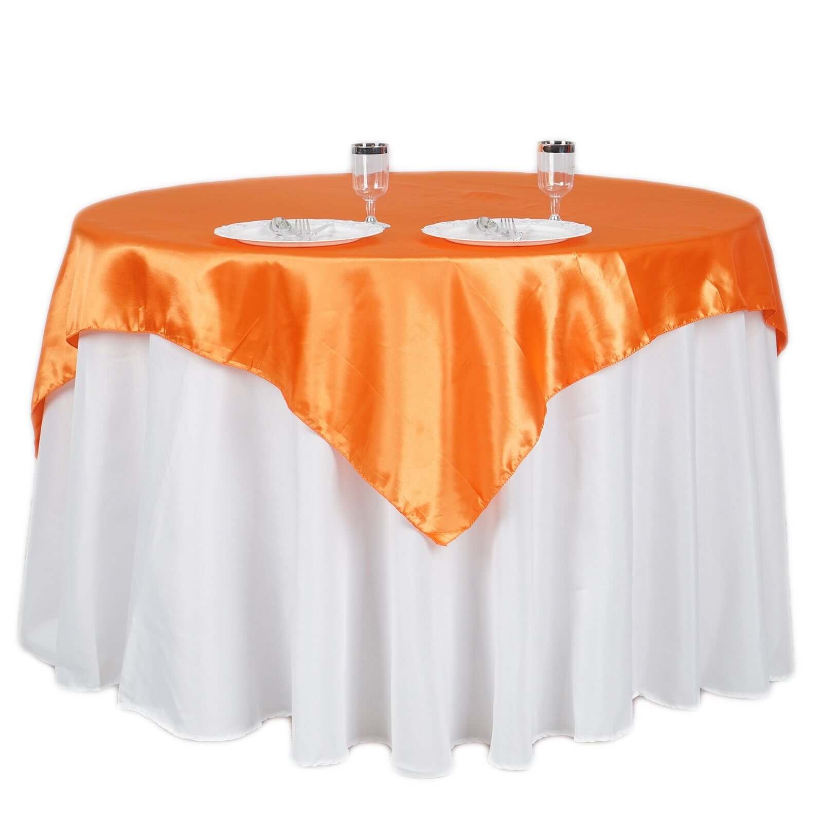 Hot Deal! Orange Satin 60x60 Square Table Overlay with Smooth Silky Touch