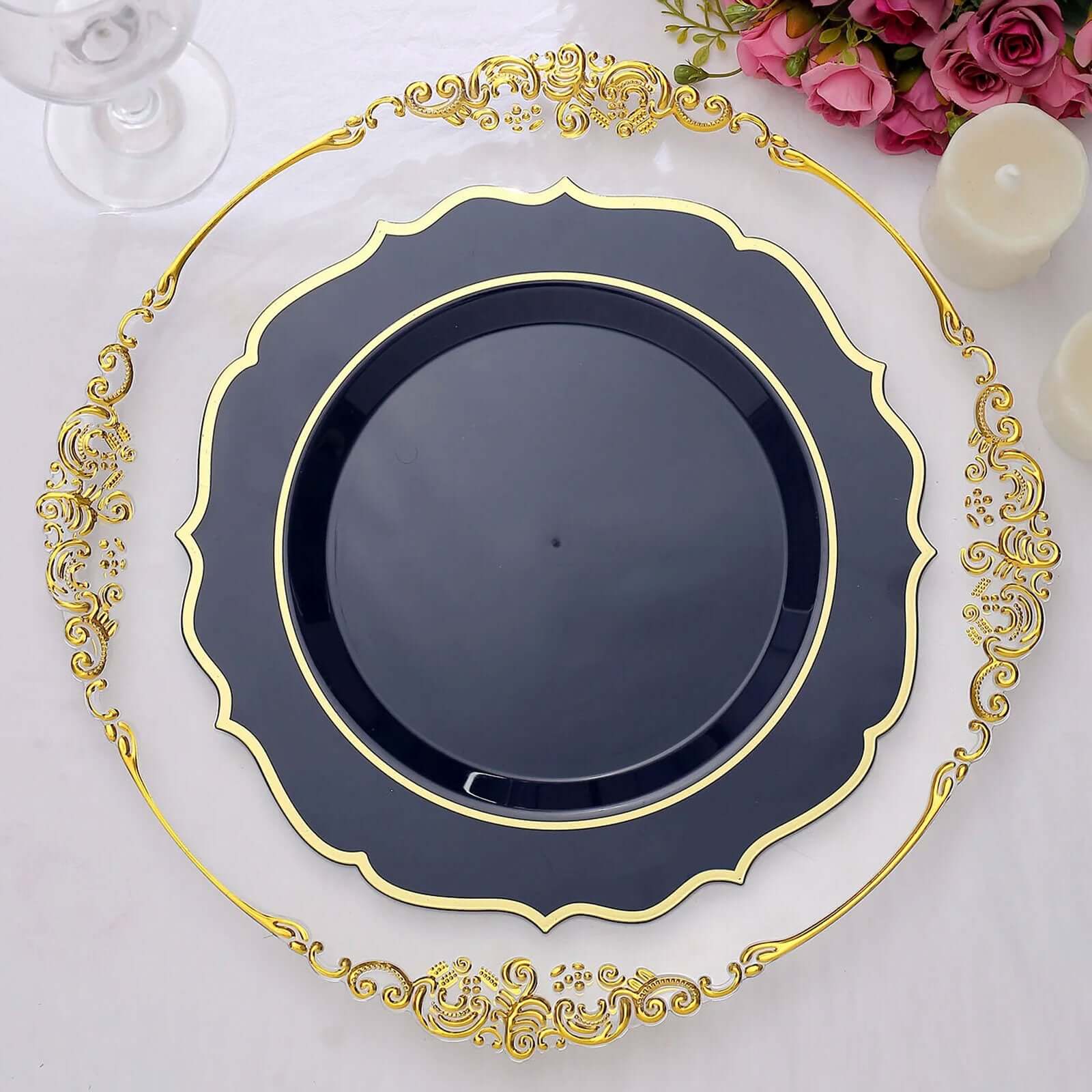 10-Pack Disposable Navy Blue Plastic Round Dinner Plates with Gold Scalloped Rims - Ideal for Parties
