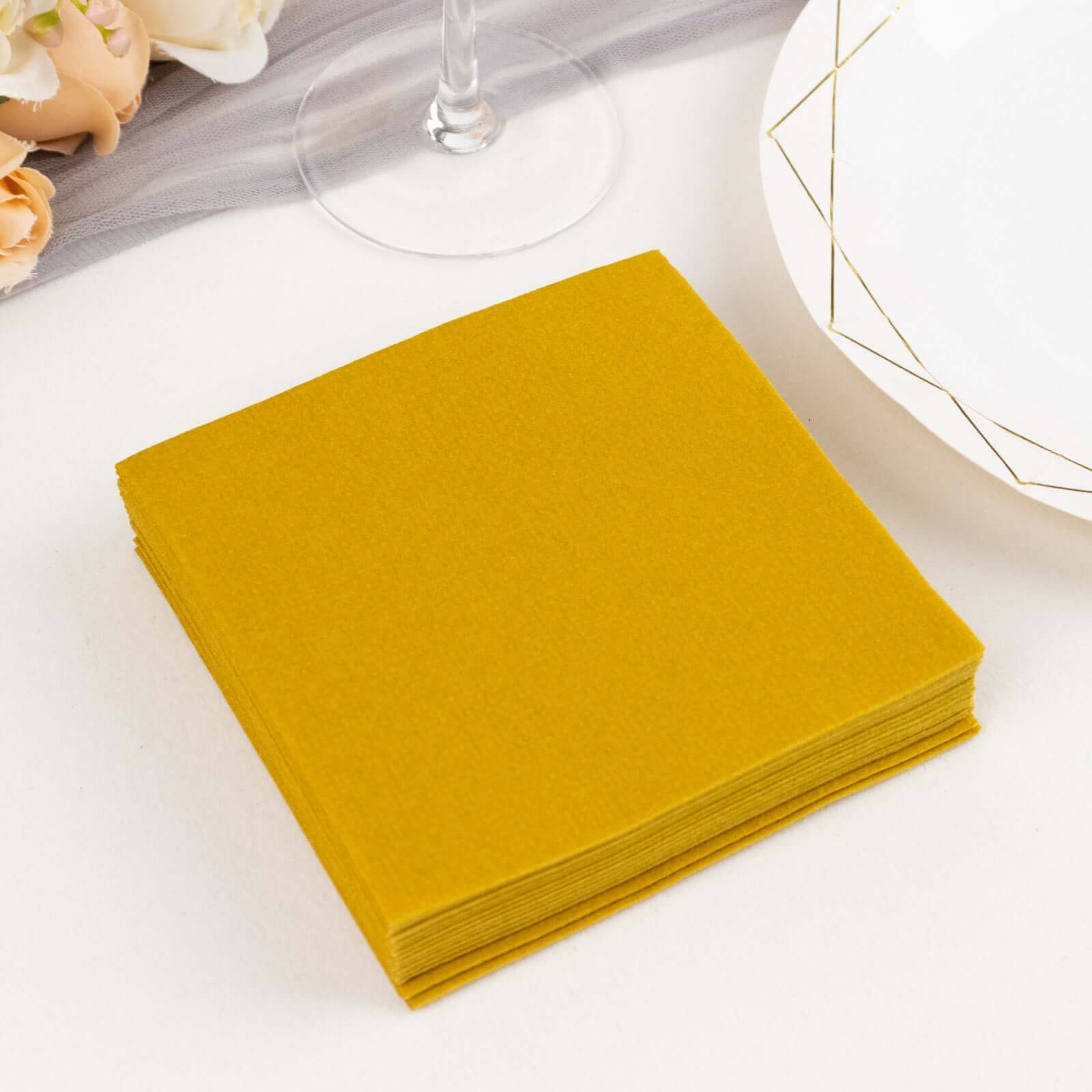 20-Piece Pack of 5x5 Gold Linen-Like Airlaid Beverage Napkins - Super Absorbent & Disposable