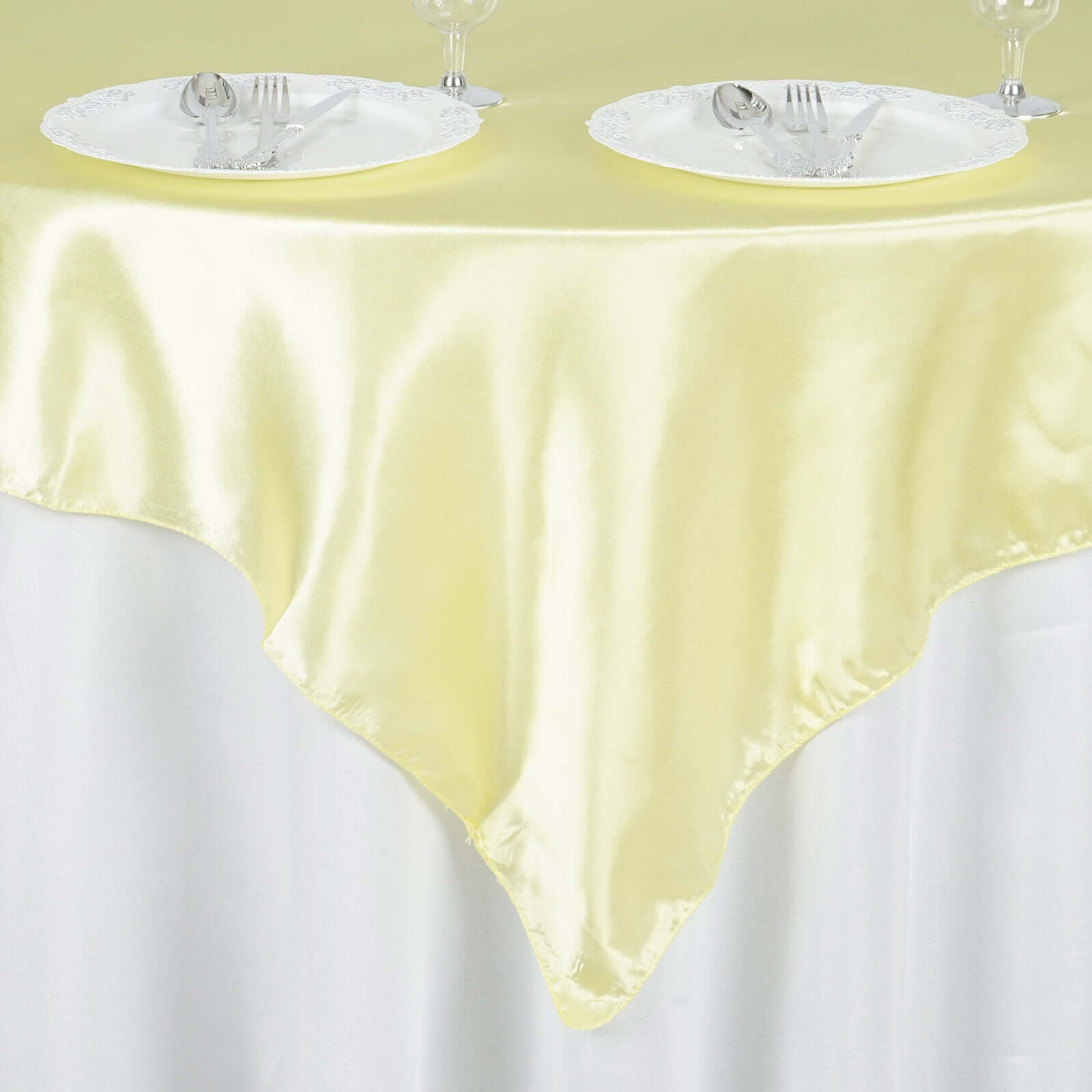Hot Deal! 60x60 Yellow Satin Square Table Overlay - Smooth & Silky Table Cover
