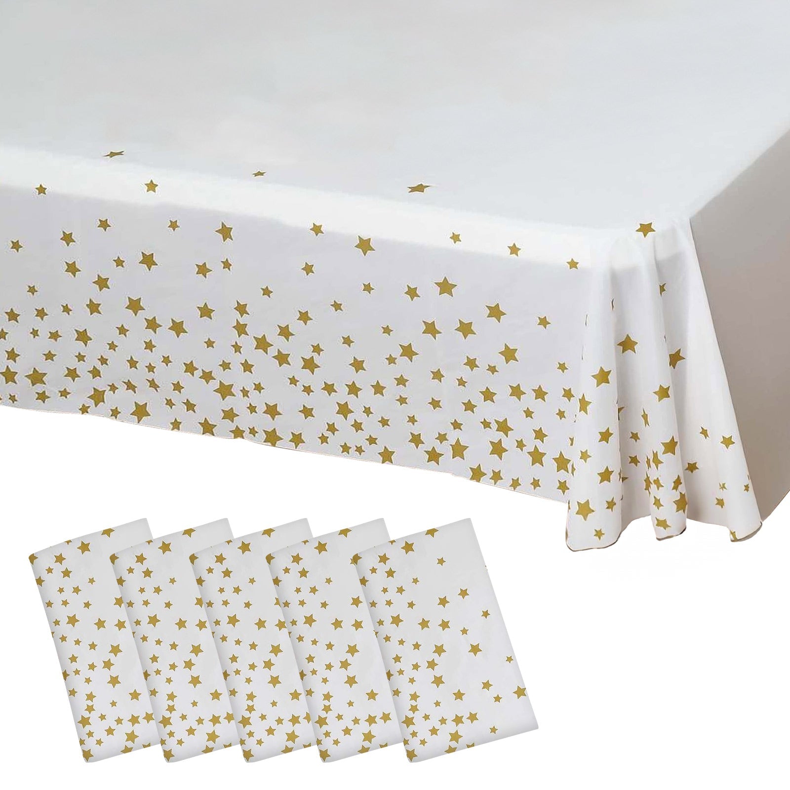 5-Pack Disposable White PVC Table Covers with Gold Stars, 54x108 Rectangle