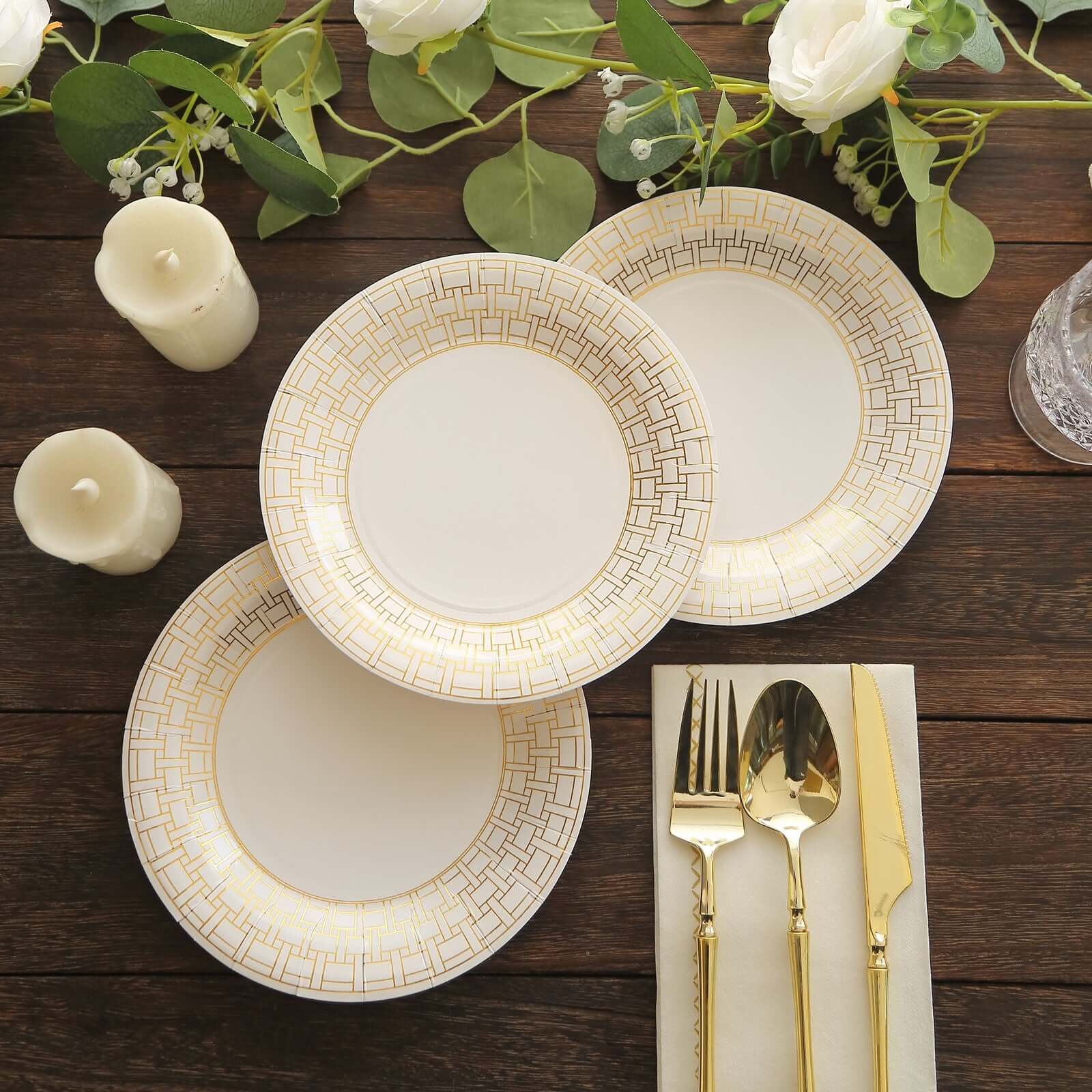 25-Piece Set of White Round Dessert Paper Plates with Elegant Gold Basketweave Rim