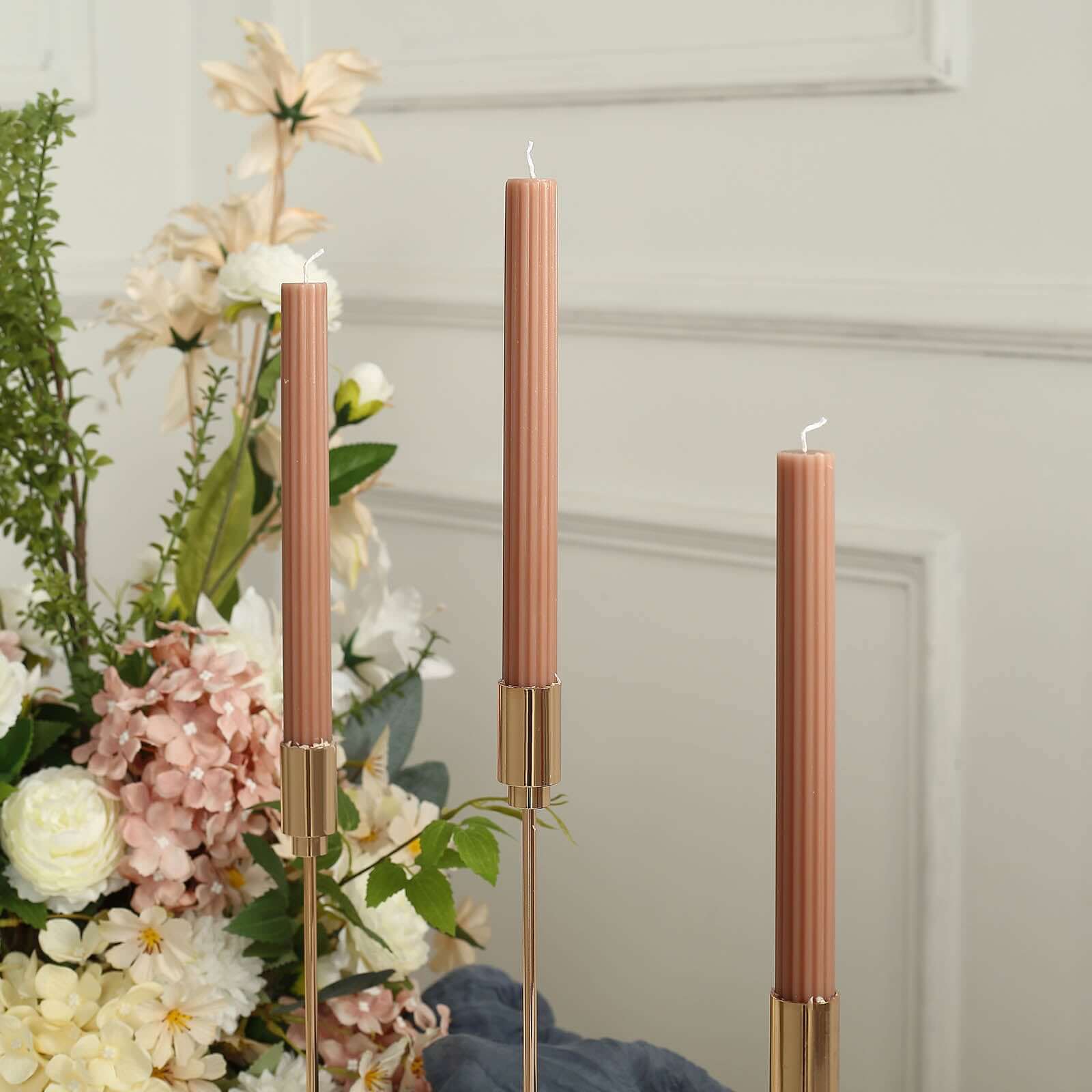Premium Beige 5-Pack Unscented Ribbed Taper Dinner Candles, 9 Inches