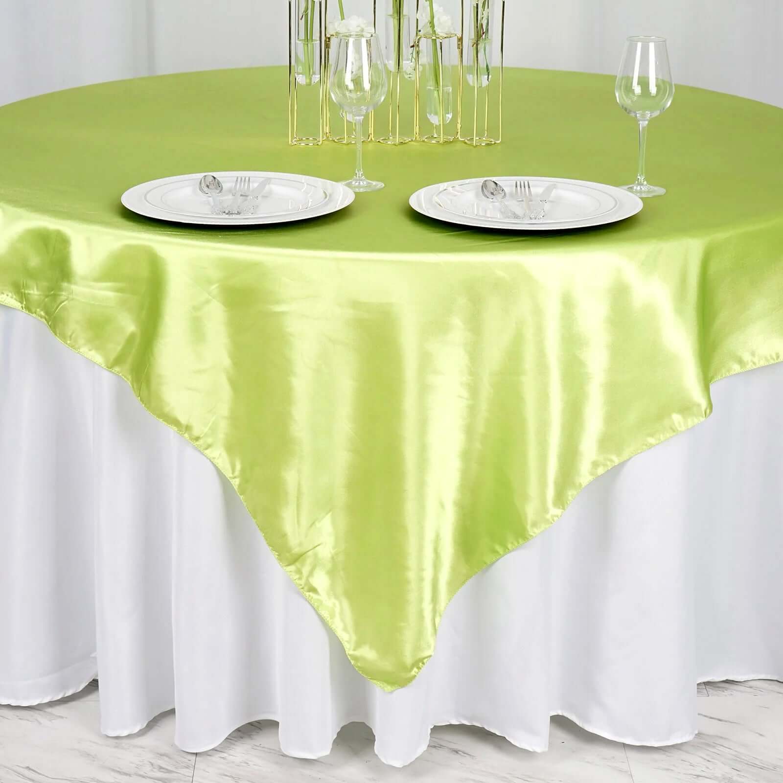 Hot Sale! 72x72 Apple Green Satin Square Table Overlay with Smooth Finish