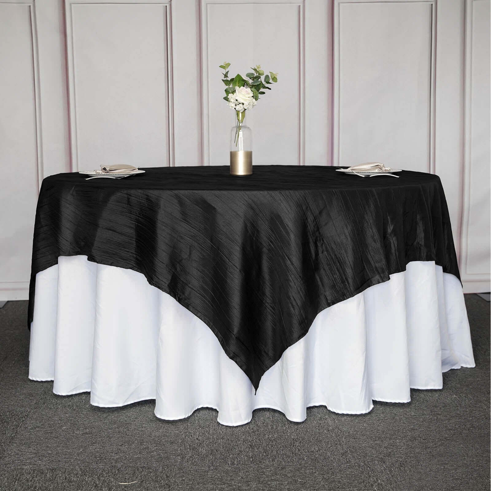 Black Accordion Crinkle 90x90 Square Taffeta Table Overlay Tablecloth