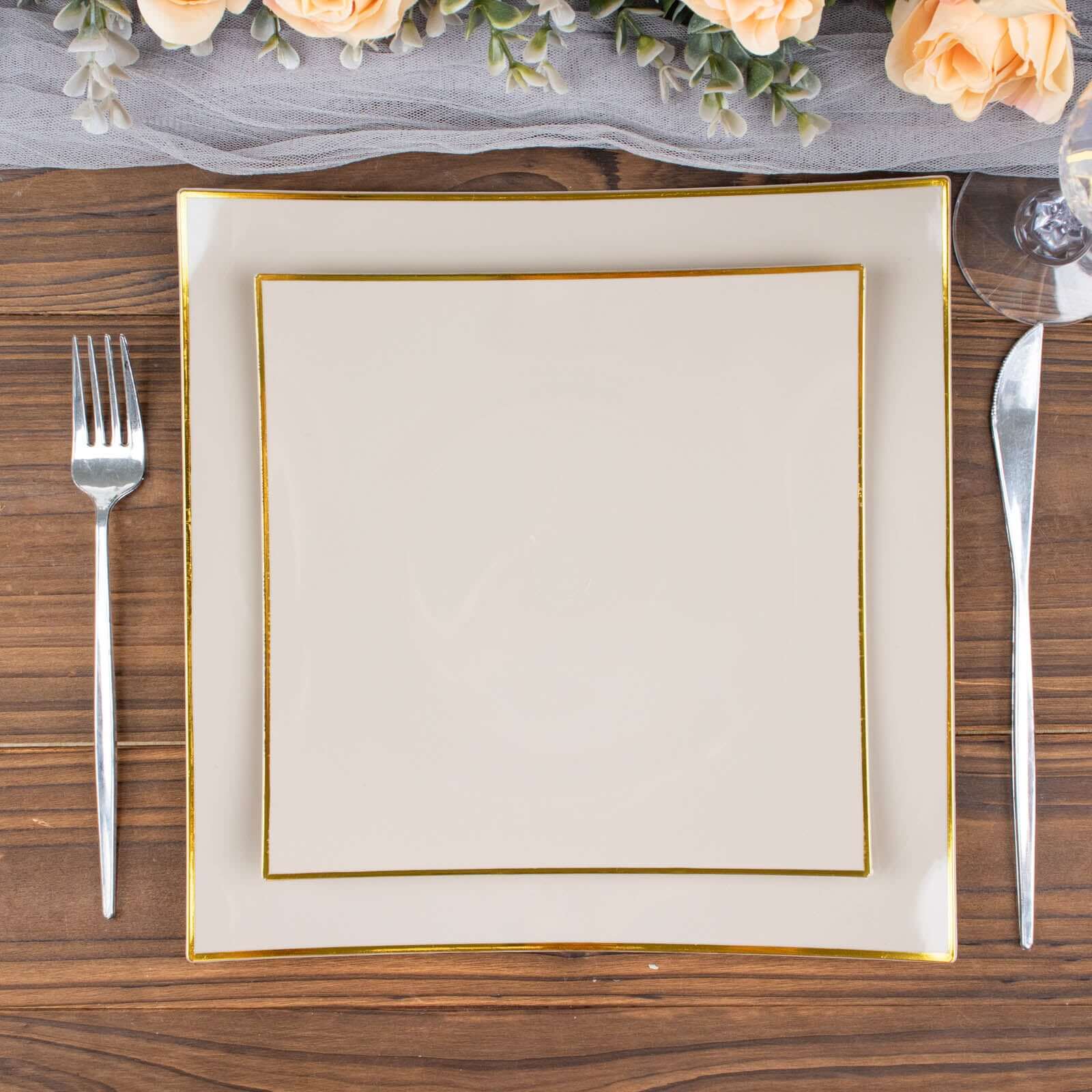 10-Pack Disposable Taupe Plastic Square Dessert Plates with Gold Rim - Ideal for Parties
