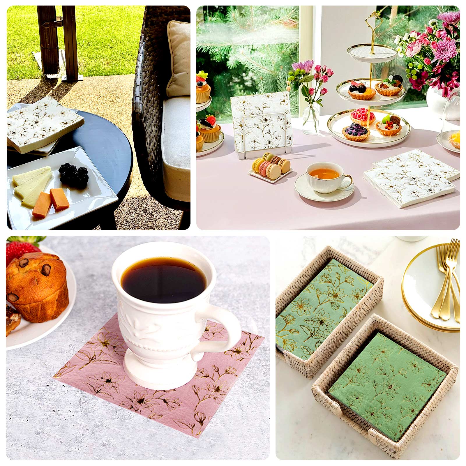 Get 50-Pack 2-Ply Absorbent Paper Cocktail Napkins with Gold Magnolia Prints in Dusty Sage Green