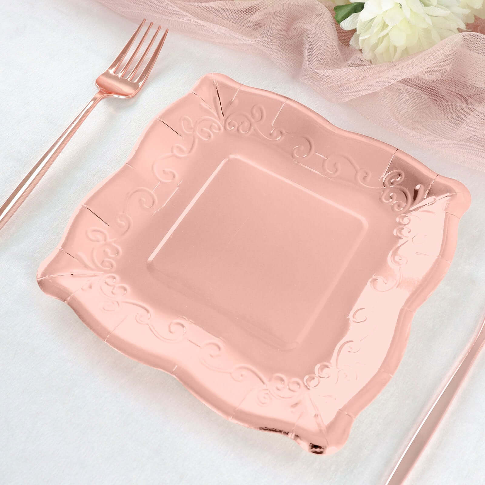 Hot Sale! 25-Pack Disposable Rose Gold Square Dessert Appetizer Paper Plates with Vintage Pottery Embossed Design