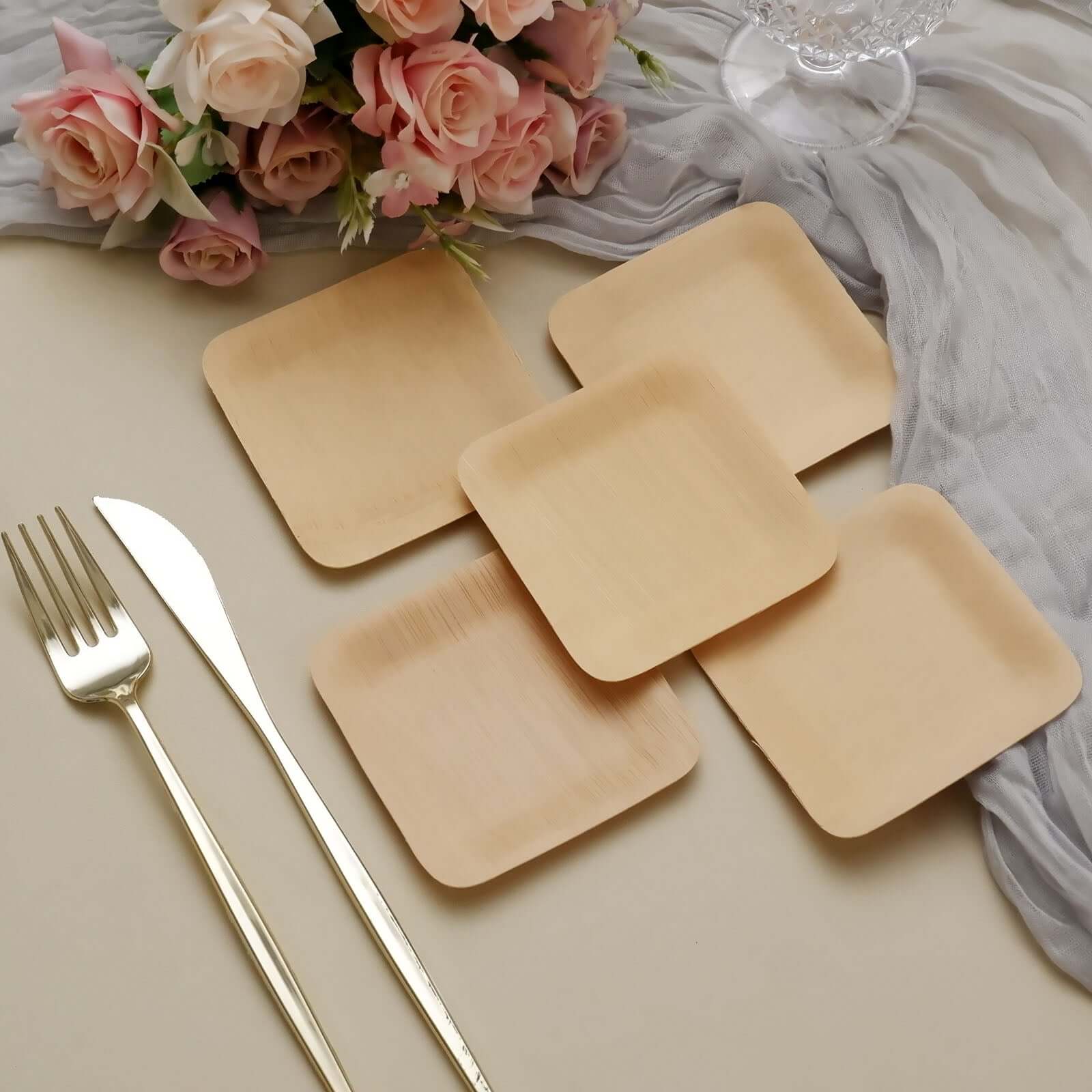 25-Piece Set of 3.5-Inch Natural Bamboo Square Disposable Dessert Plates for Farmhouse Events
