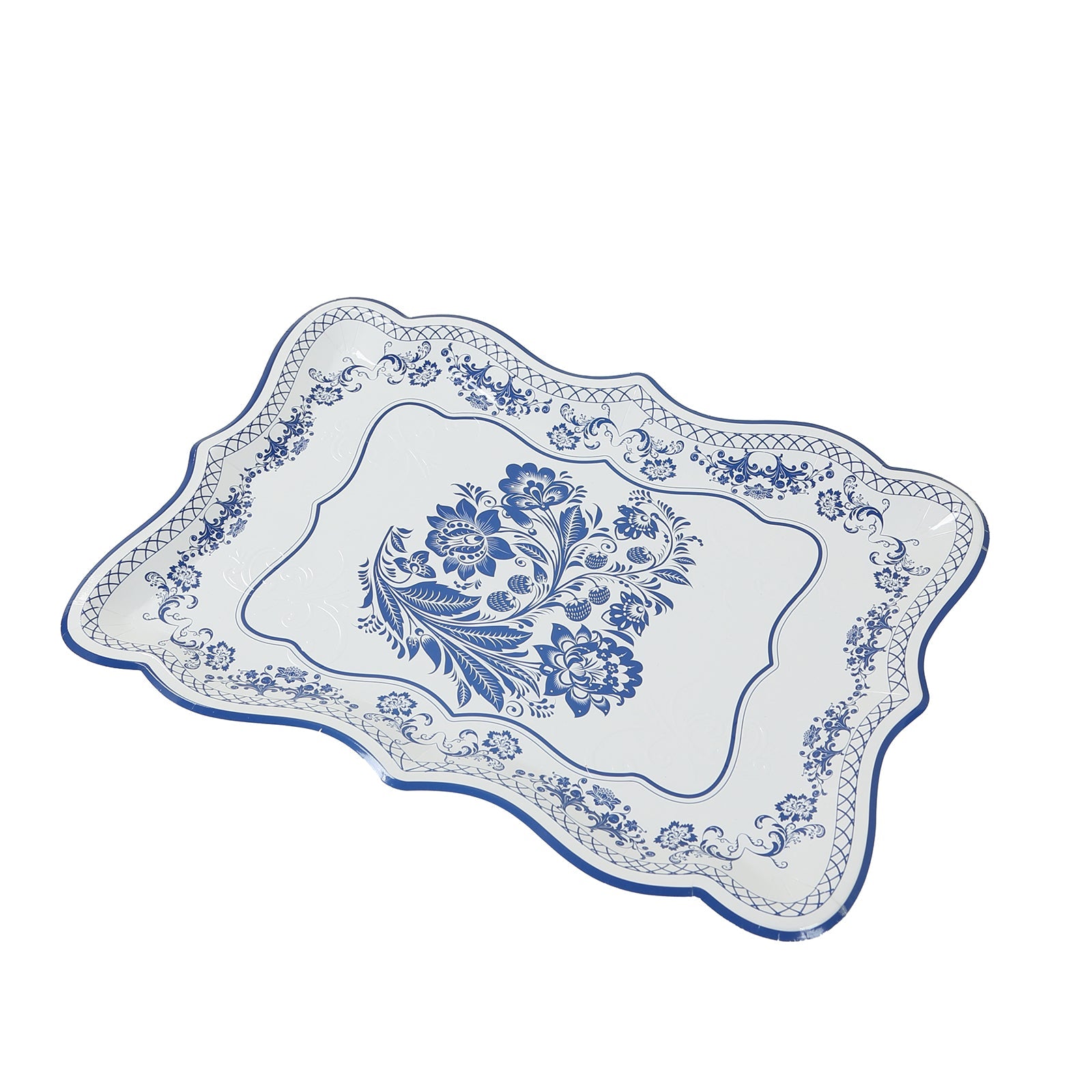10-Pack Heavy Duty Disposable 400GSM Cardboard Serving Trays with White & Royal Blue Damask Floral Pattern for Weddings & Parties