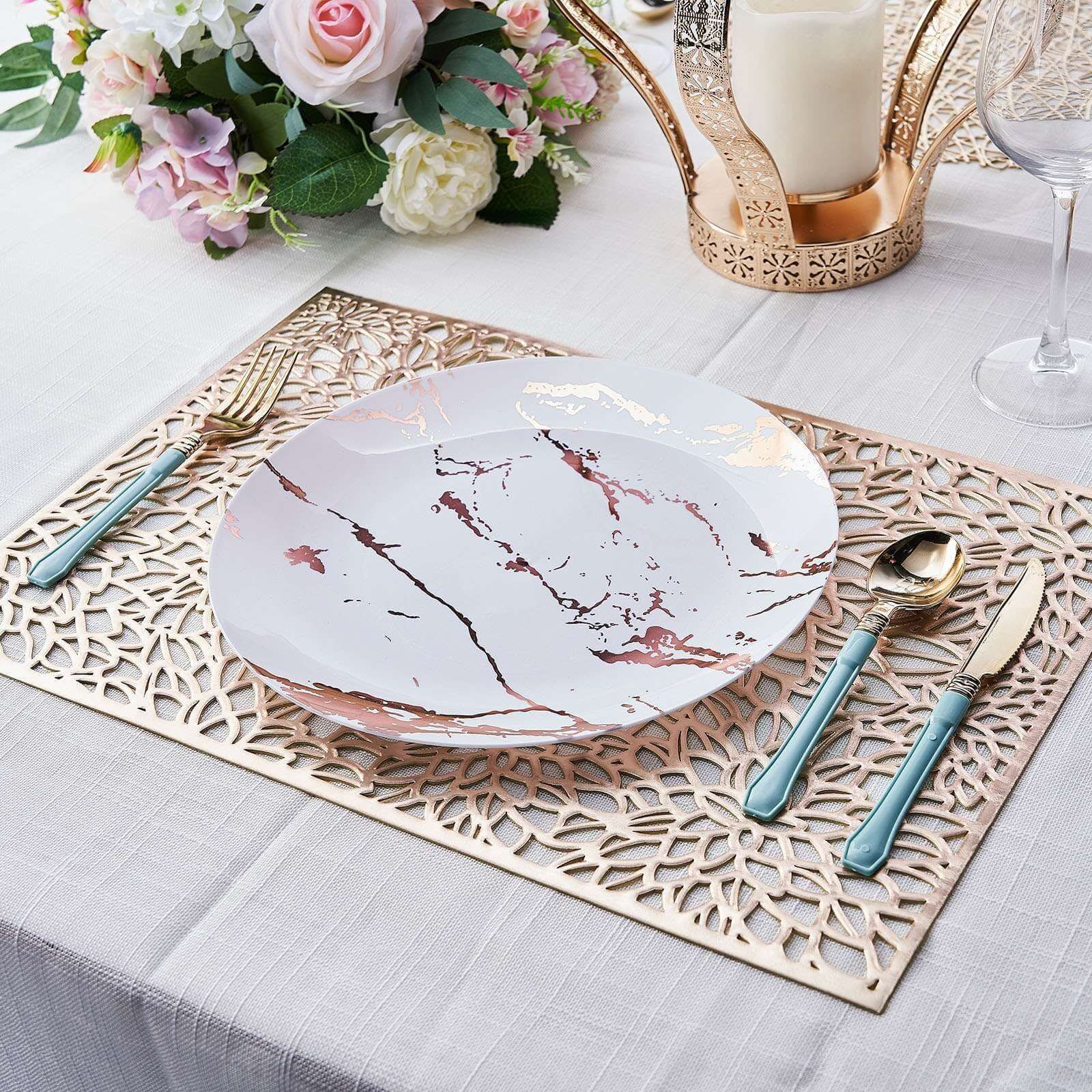 6-Pack Gold Metallic Floral Vinyl Placemats - Non-Slip 12x18 Rectangle Table Mats