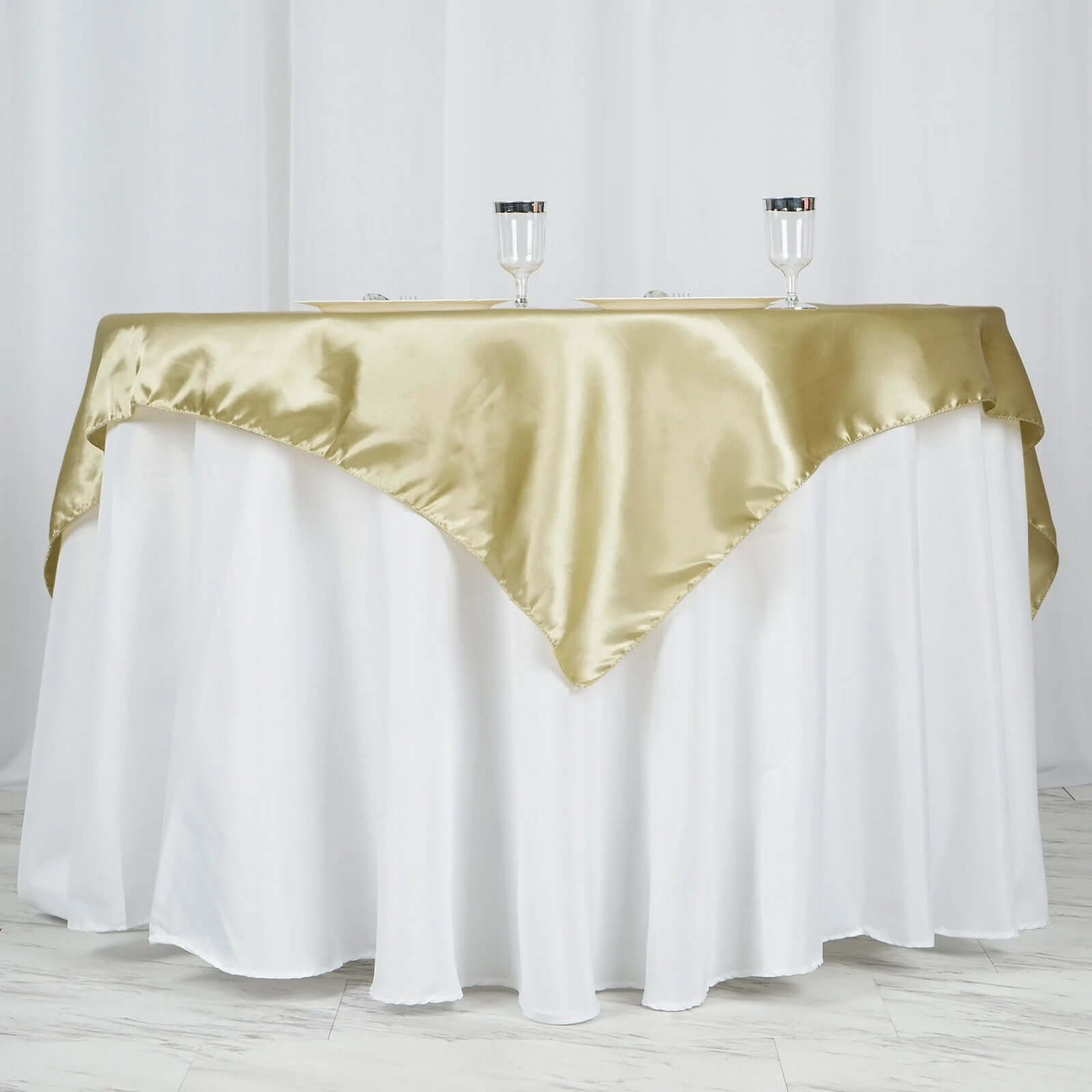 Champagne Satin 60x60 Square Table Overlay with Smooth Silky Touch