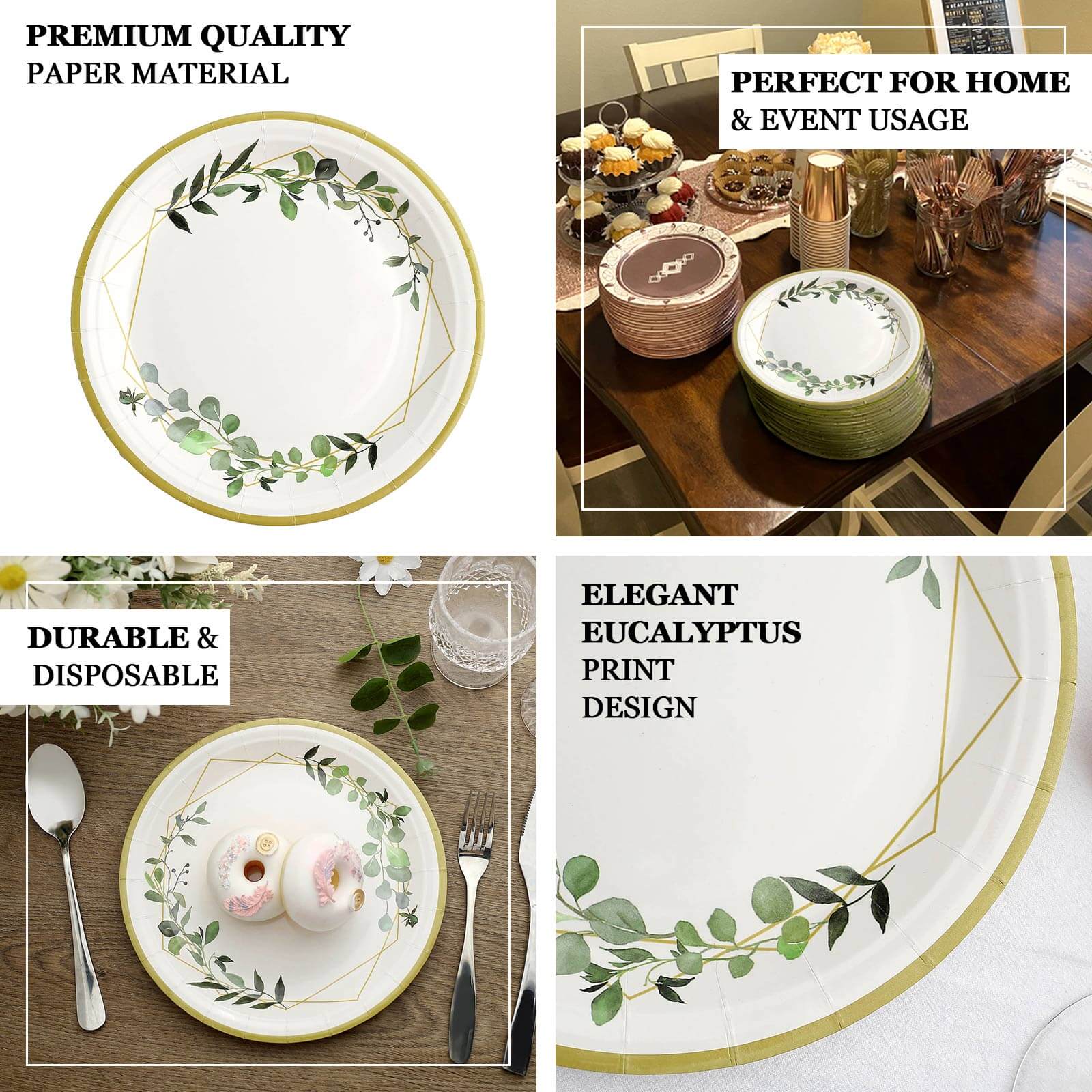 24-Pack 9-Inch White Disposable Paper Dinner Plates with Eucalyptus & Gold Rim