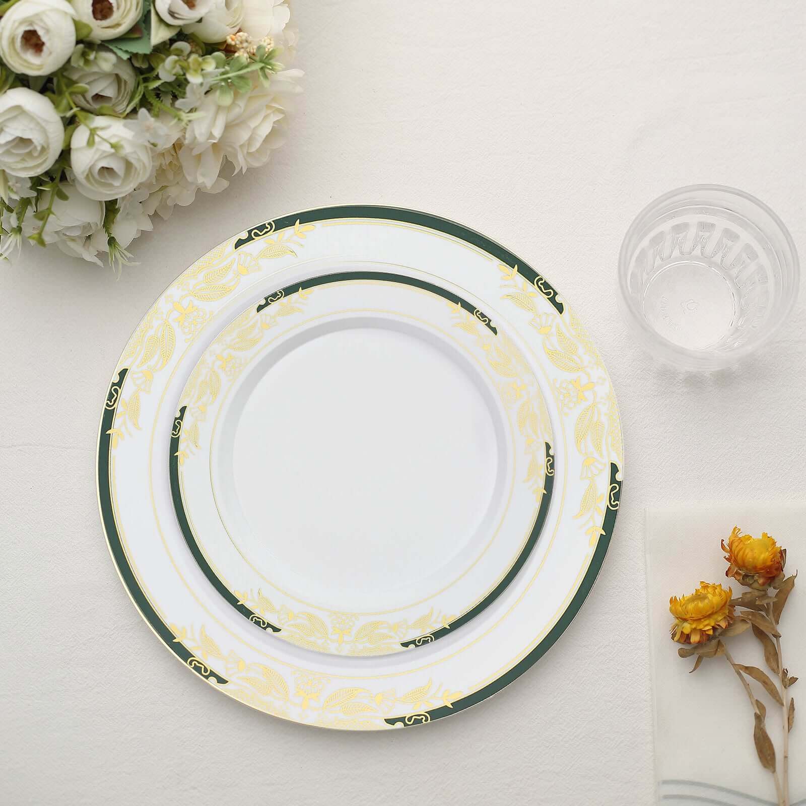 Hot Deal! 10-Pack Disposable 8-Inch Round Dessert & Salad Plates in White with Green & Gold Rim for Special Events