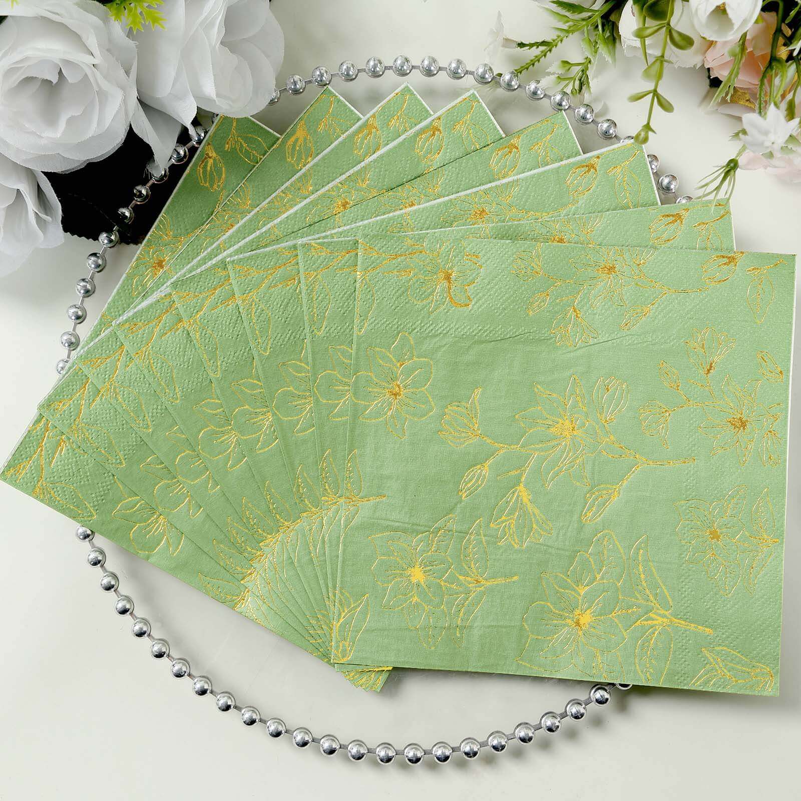 50-Pack Premium 2-Ply Absorbent Soft Paper Cocktail Napkins with Gold Magnolia Print in Sage Green