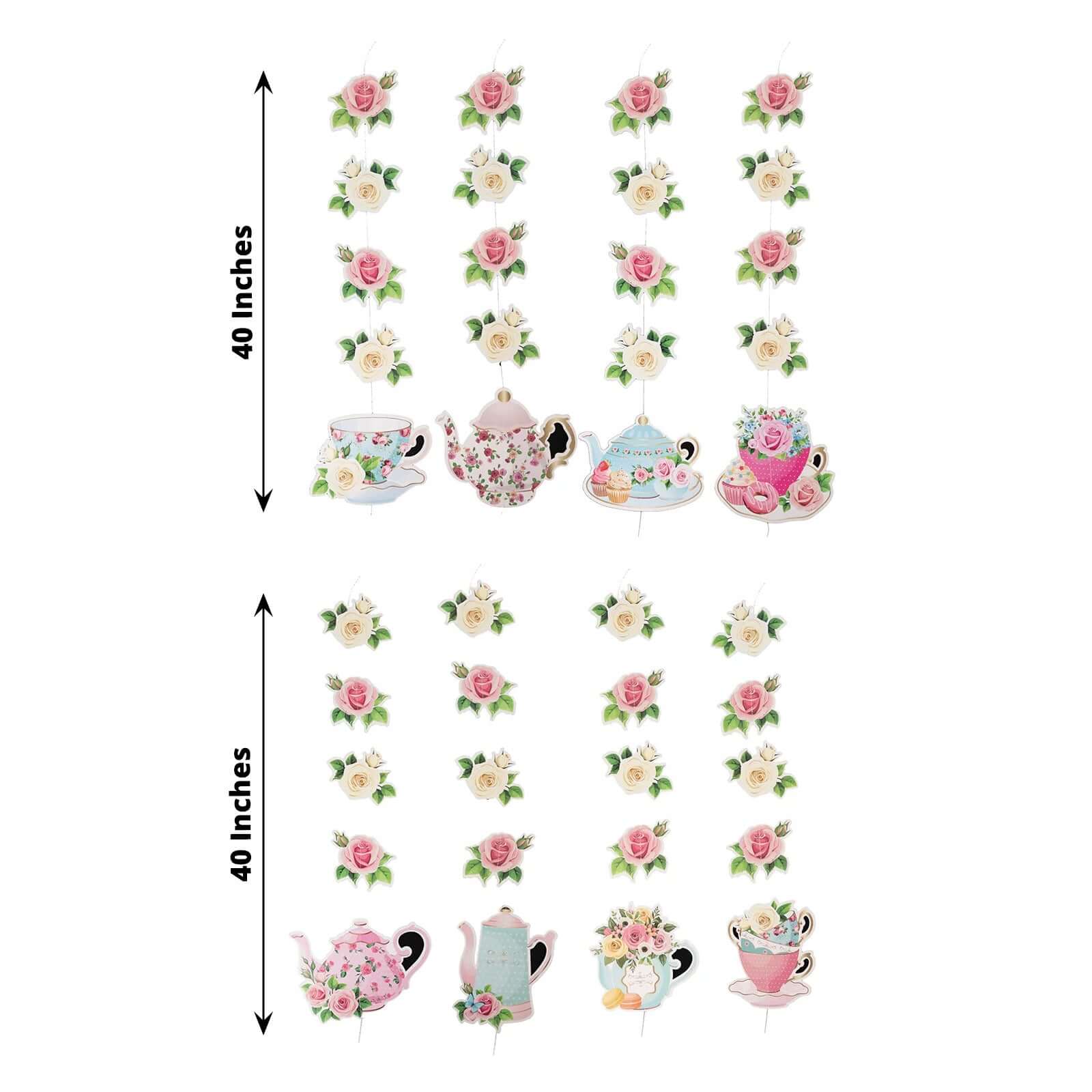 8-Pack Double-Sided Floral Tea Party Paper Garland Set: 40 Pre-Assembled Mixed Teapot Decorations