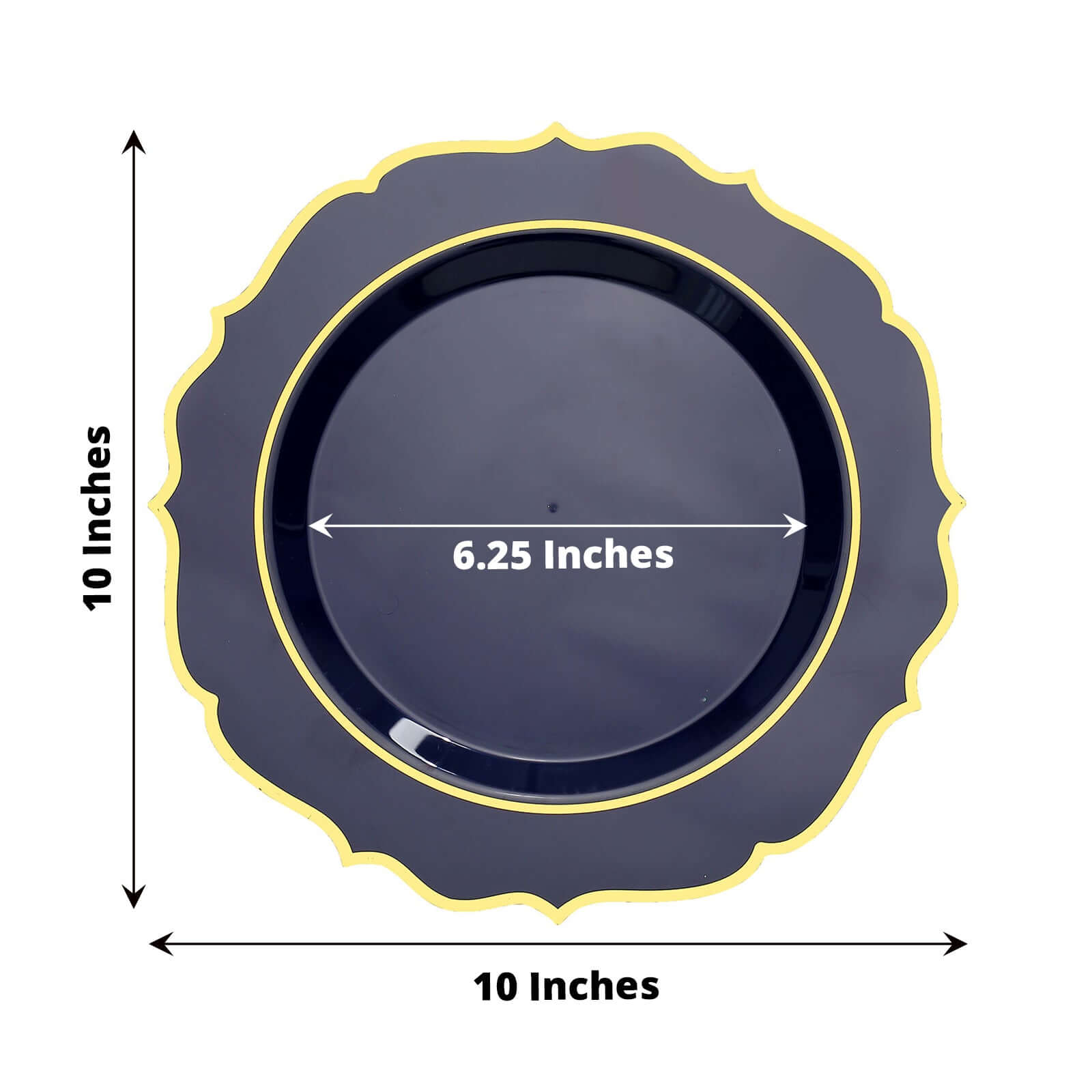 10-Pack Disposable Navy Blue Plastic Round Dinner Plates with Gold Scalloped Rims - Ideal for Parties