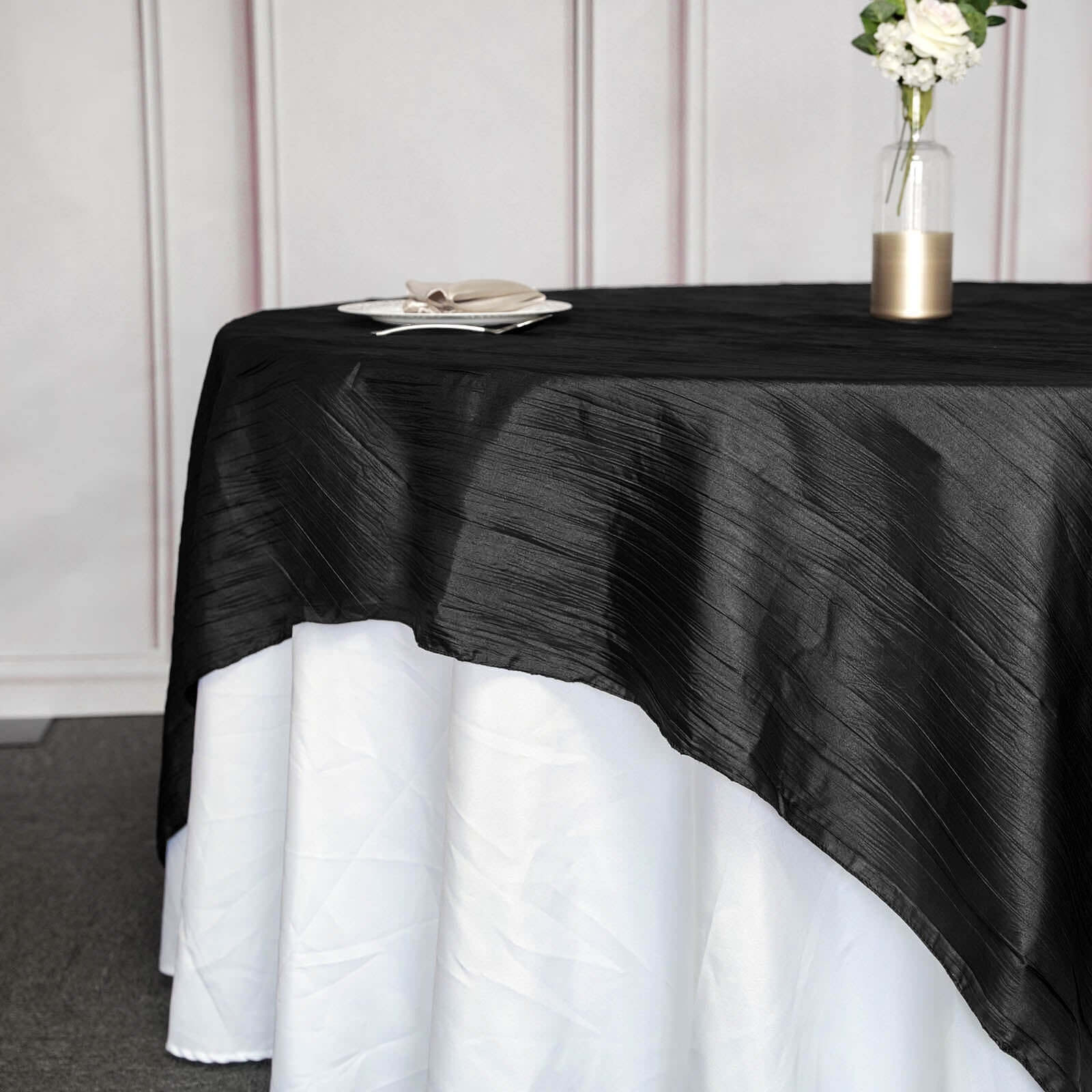 Black Accordion Crinkle 90x90 Square Taffeta Table Overlay Tablecloth