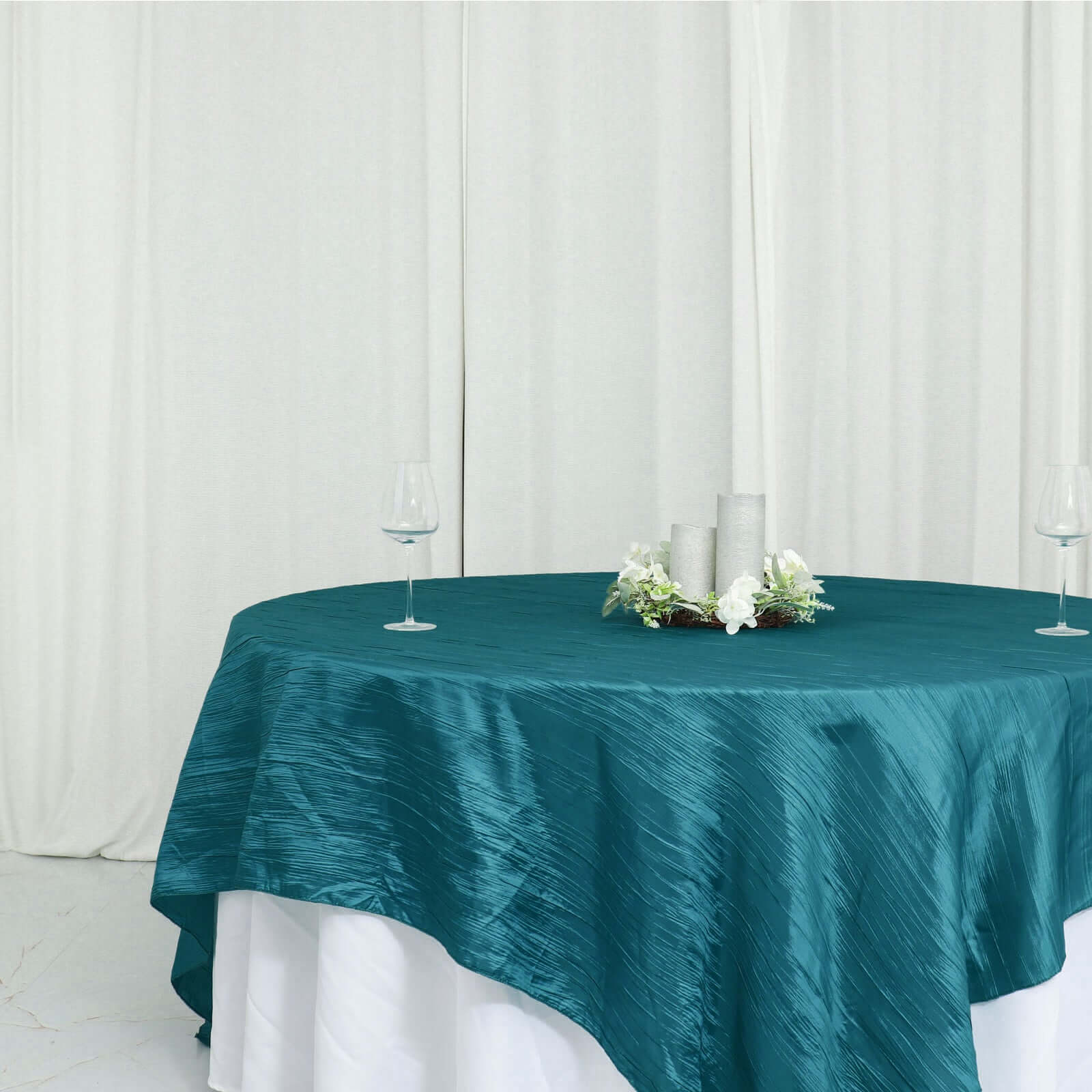 Exclusive Peacock Teal 90x90 Crinkle Taffeta Square Table Overlay